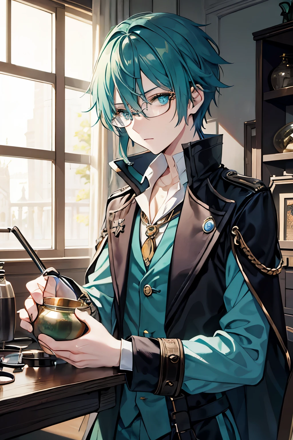 male deep green hair blue eyes one person Glasses alchemist flask steampunk hair、tie together at the back witch's cauldron boil the pot inflammation magic tool whole body cool masterpiece Highest image quality noise removal clear parts cinematic shadow Increases the attractiveness of the eyes clear parts the shine of the eyes draw eyelashes neatly perfect eyes detailed eyes sharpen image quality sharpen eye writing clear parts eye shape