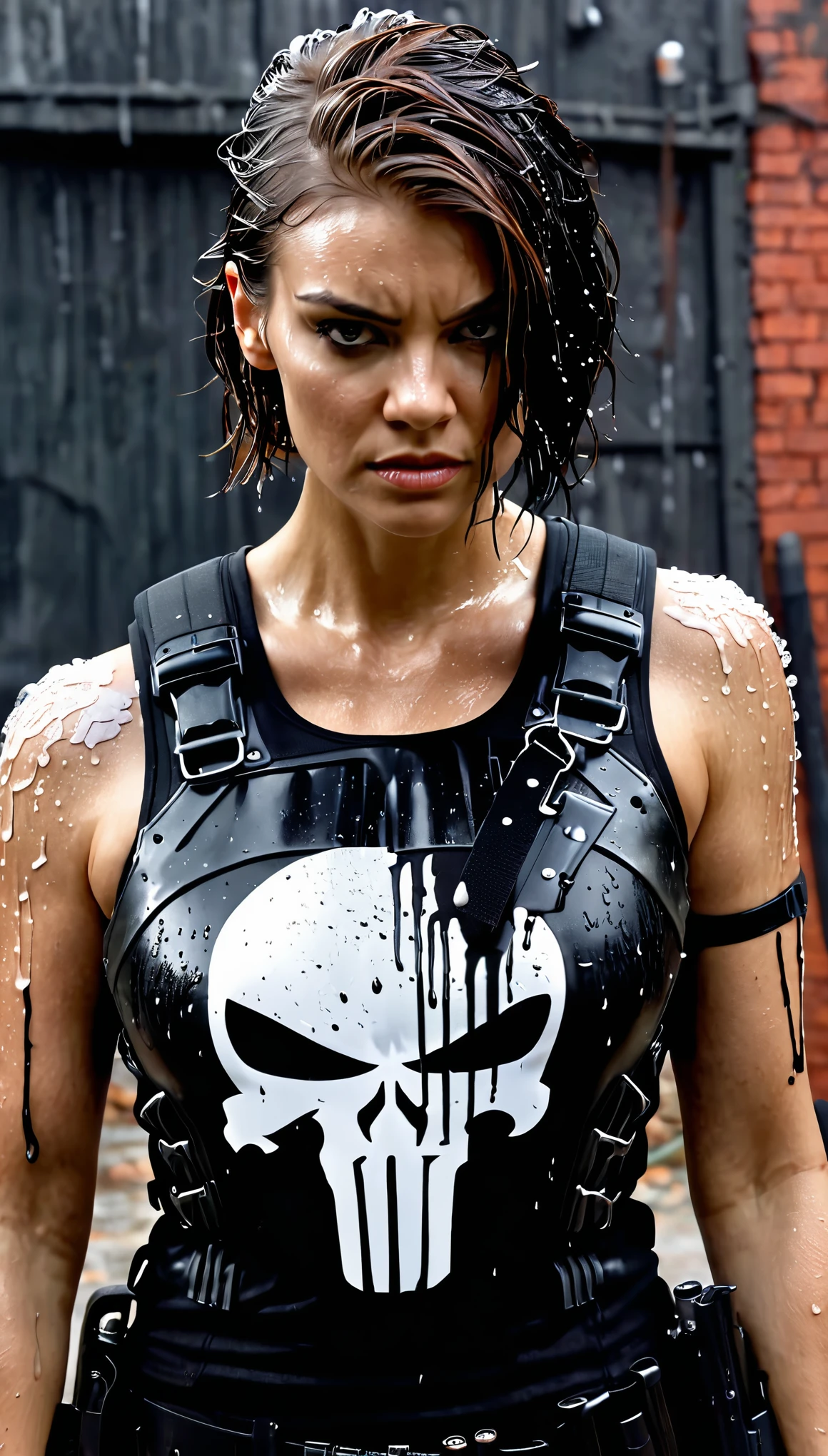 realistic, (ohwx), Lauren Cohan as Punisher, Punisher outfit, female Bulletproof vest, wet and sweaty hair, combed back,a few strands falling on her face, face painted black around the eyes, shoulderless crop top, women's bulletproof vest, gray spray-painted Punisher logo on the vest, slightly worn and worn, dirty, injured, wiem clothes,  angry, revenge, dynamic pose, militarny Black trousers, militarny high shous, Black makeup around eyes, dark photo, dangerous and sexy, military knives, guns, automatic rifle, dark scenery and background, imersive background, raw photo, 8k, very detailed, cinematic