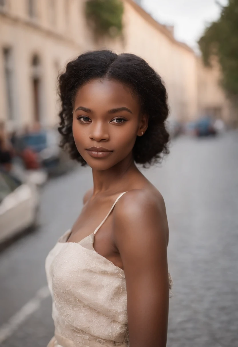 Un portrait photoréaliste d'une africaine de 21 ans avec de longs cheveux noirs flottants et des yeux sombres saisissants. Elle doit avoir une expression naturelle et accessible et être éclairée par la douce lumière du soleil dorée. The background should be a picturesque outdoor setting, maybe in the city well dressed. Capturez cette image avec une photographie haute résolution à l'aide d'un objectif 85 mm pour une perspective flatteuse.