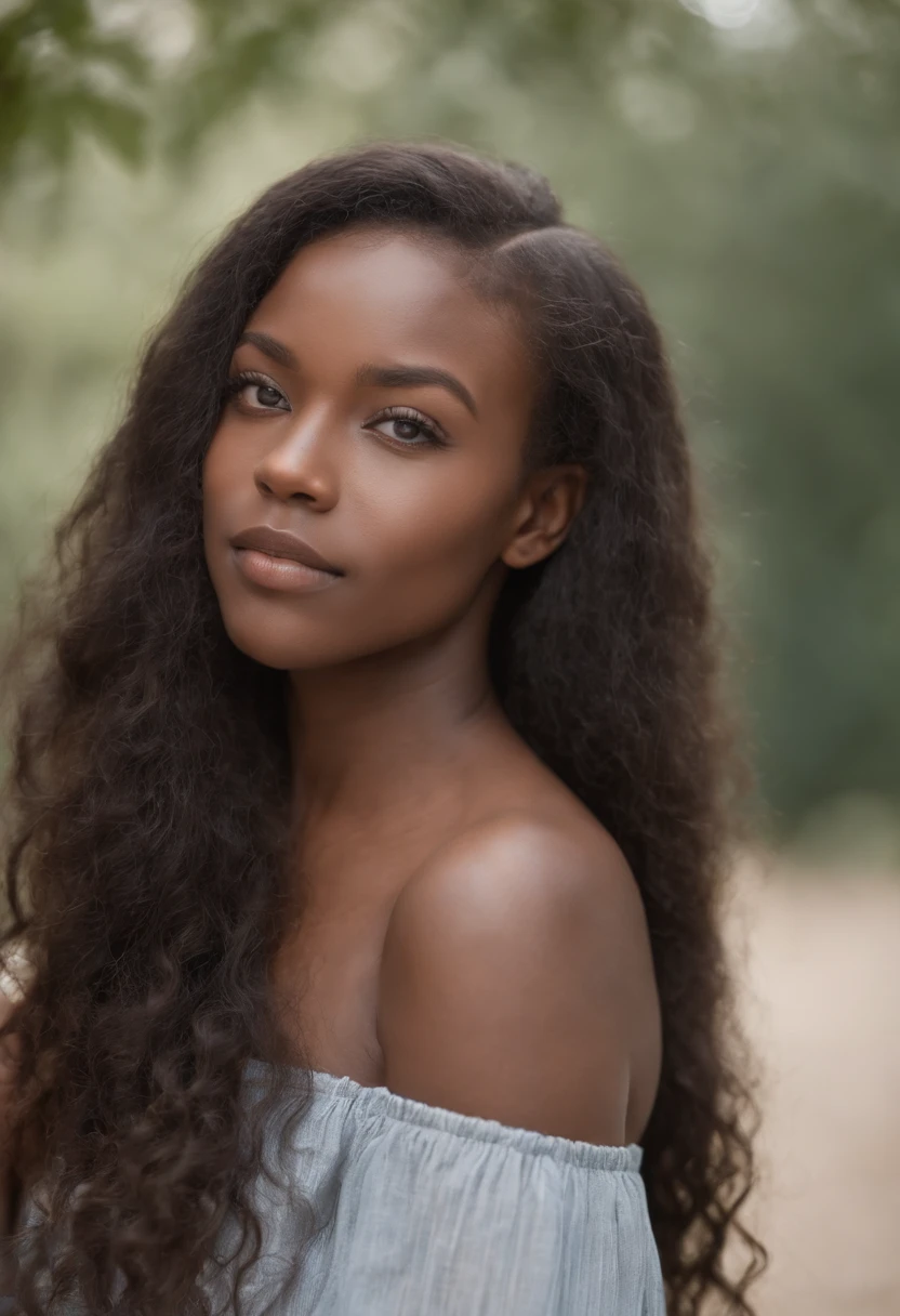  Un portrait photoréaliste d'une africaine de 21 ans avec de longs cheveux noirs flottants et des yeux sombres saisissants. Elle doit avoir une expression naturelle et accessible et être éclairée par la douce lumière du soleil dorée. The background should be a picturesque outdoor setting, maybe in the city well dressed. Capturez cette image avec une photographie haute résolution à l'aide d'un objectif 85 mm pour une perspective flatteuse.
