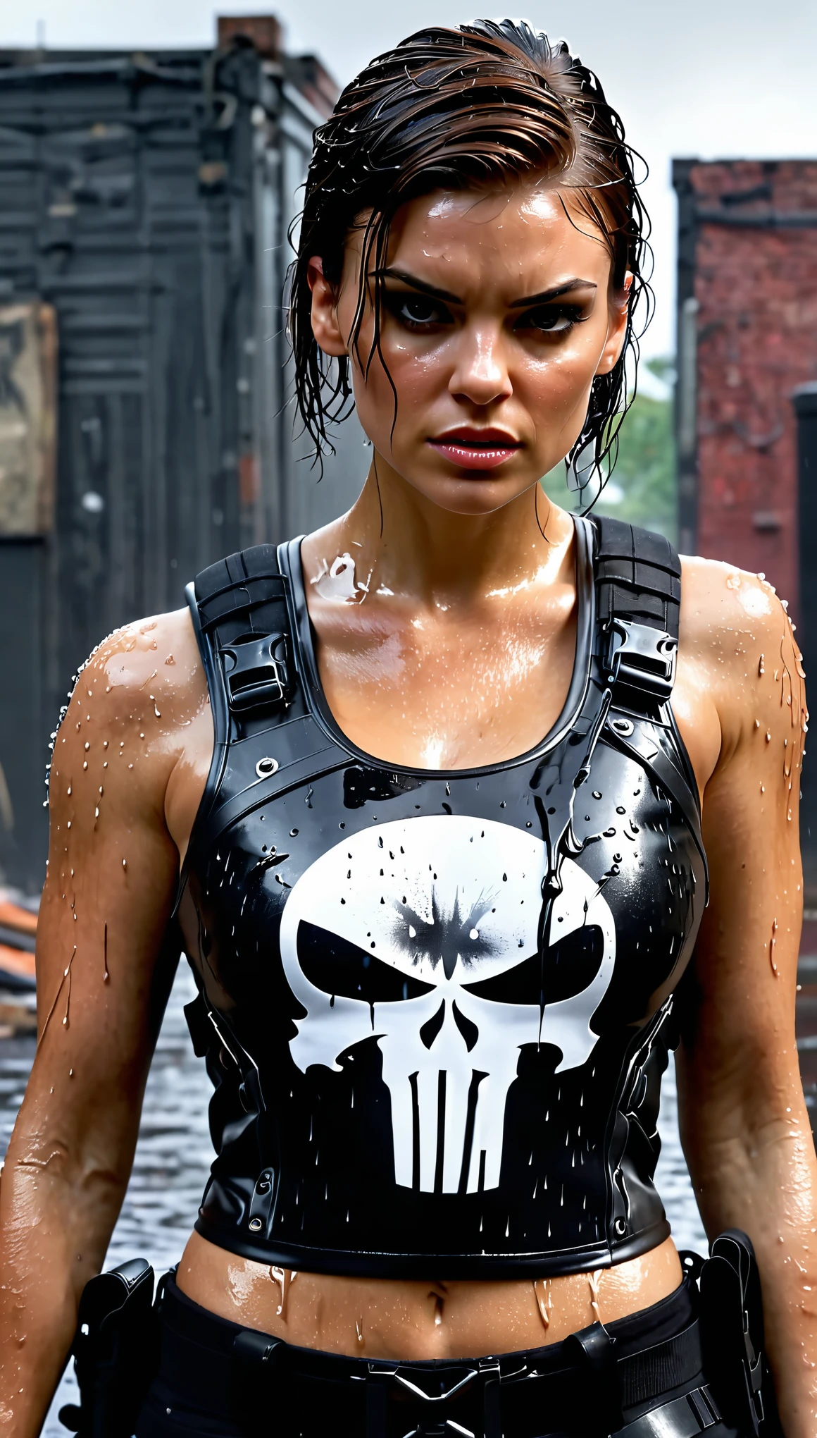 realistic, (ohwx), Lauren Cohan as Punisher, Punisher outfit, female Bulletproof vest, wet and sweaty hair, combed back,a few strands falling on her face, face painted black around the eyes, shoulderless crop top, women's bulletproof vest, gray spray-painted Punisher logo on the vest, slightly worn and worn, dirty, injured, wiem clothes,  angry, revenge, dynamic pose, militarny Black trousers, militarny high shous, Black makeup around eyes, dark photo, dangerous and sexy, military knives, guns, automatic rifle, dark scenery and background, imersive background, raw photo, 8k, very detailed, cinematic