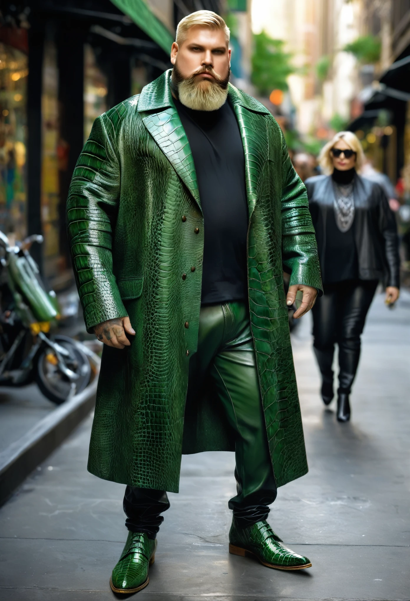 Model RealityVision_SDXL v2.0 RealityVision_SDSDS-XL Floodlight regulator , High Fashion | Gallian ,A large brutal man with straight blond short hair and beard, dressed in a long green crocodile skin coat!!!! and leather pants!!!! He's walking down the street, his shoes are visible!!!!!! front panel color,, , ((masterpiece)), ((best quality)) , high detail,, highest detail, ah, high detail, color, beautiful, HDR, photorealistic,