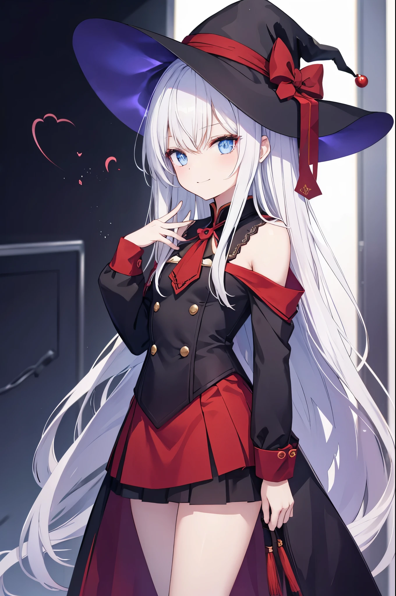 a girl,Slim thin female figure,female face,smirk的表情,White super long hair,blue eyes,There are bright spots in the eyes,female hands,white little hands,normal finger,hands behind back,smirk,Standing leaning forward,masterpiece,wearing black gloves,The hat has a red rhombus decoration,Wearing a witch costume similar to a suit on the upper body,Wearing a red short skirt on the lower body,Wearing a black skirt,Conservative dress,Witch's clothing,Exquisite and delicate的二次元精美画风,Exquisite and delicate,8K high quality,CG wallpaper,HD,flat chest,alone,tomorrow ark风格,tomorrow ark