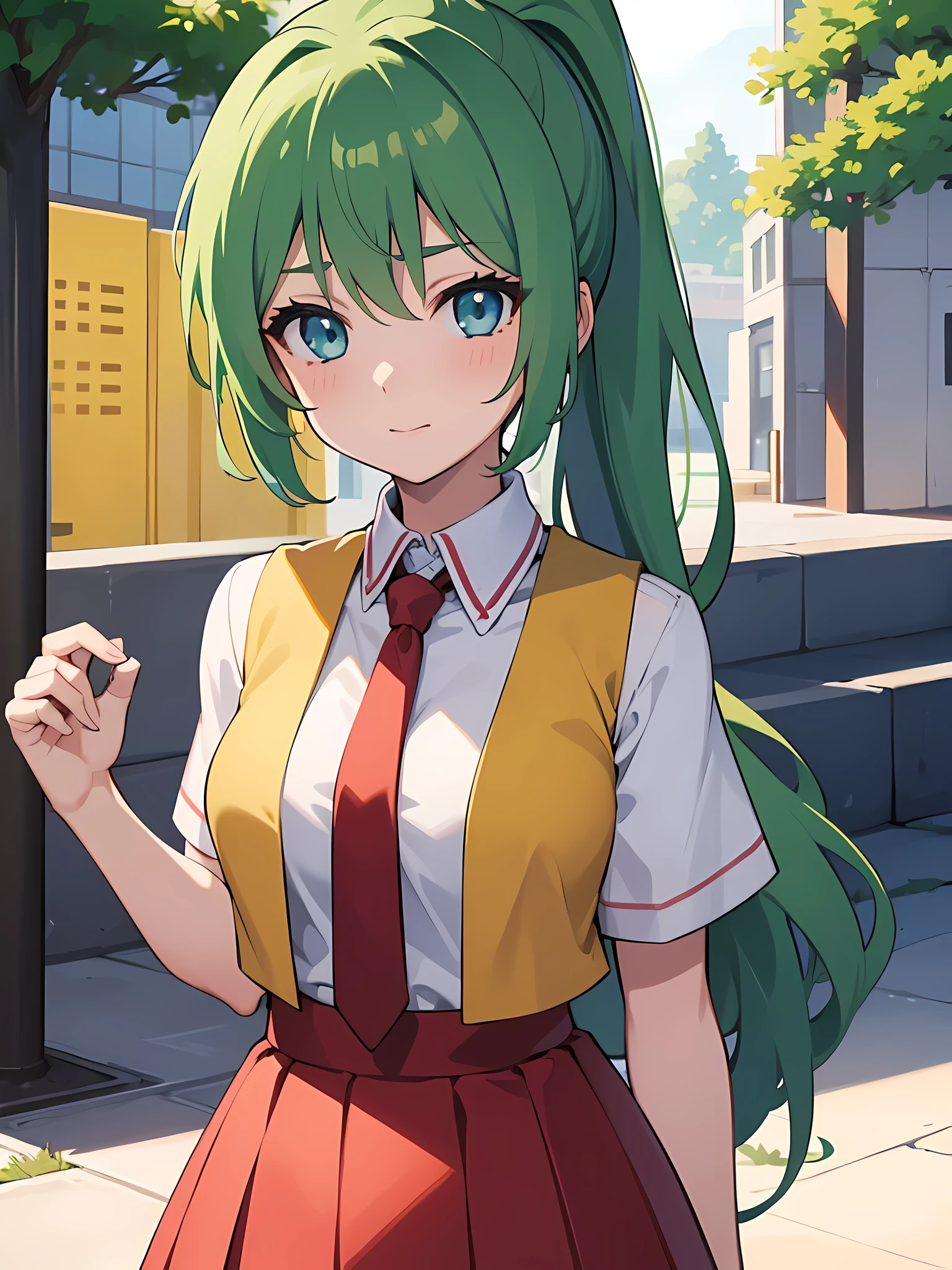 1 girl,One,Upper body,I look at the viewer,facing the viewer,Sonozaki Mion,long hair,green hair,High ponytail,split bangs,Blue eyes,yellow vest,cropped vest,open clothes,collared shirt,Red tie,White shirt,short sleeves,big breasts,Tight,Red dress,long skirt