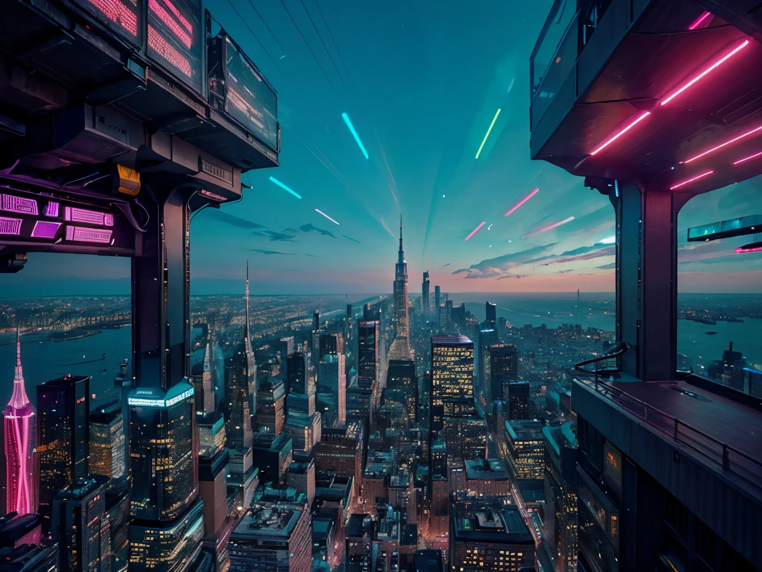 Generate an image of a bustling futuristic cityscape, characterized by sleek skyscrapers adorned with vibrant neon lights. Flying vehicles zoom overhead, while holographic advertisements illuminate the streets below. The city is alive with energy, showcasing advanced technology and a dynamic urban environment.