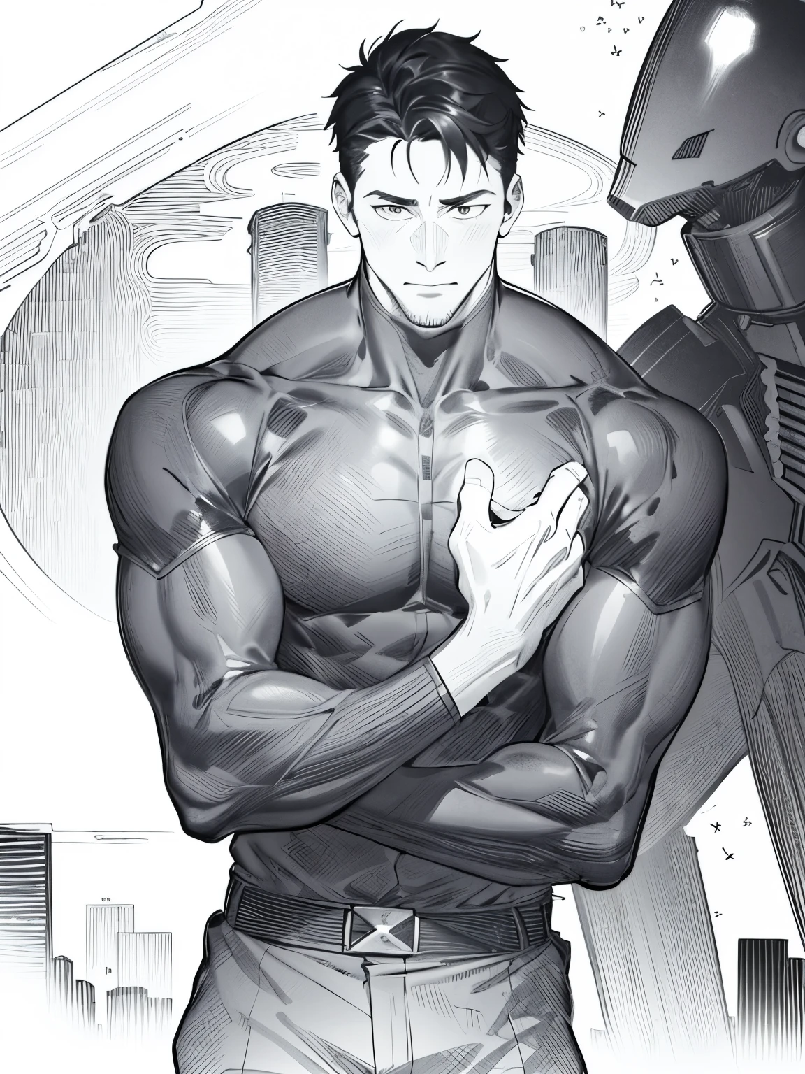 1 man, mature, 36yo, hyper masculinity, Slim, short hair,monochrome,lineart, monochrome,