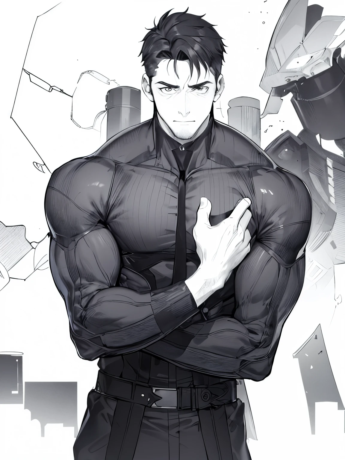 1 man, mature, 36yo, hyper masculinity, Slim, short hair,monochrome,lineart, monochrome,