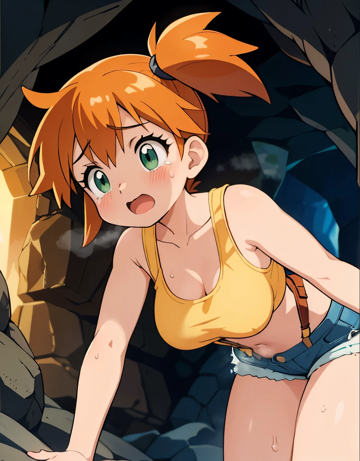 [best quality,masterpiece:1.2] Misty, Pokémon trainer, trapped inside a cave with a stout man. [nsfw], sexual encounter, their struggles and emotions vividly portrayed. Misty's determined attempts to escape futile against the man's dominant hold. [realistic:1.37] detailing on Misty's face, crying, open mouth,  midriff, orange_hair, side_ponytail, crop_top, looking_to_the_side, eyelashes, bare_legs, sleeveless_shirt, leaning_forward, arm_support, suspenders, tank_top, denim_shorts, yellow_shirt, hair_tie, green_shorts, suspender_shorts, yellow_tank_top, long eyelashes accentuating her deep brown eyes, flushed cheeks reflecting both fear and resistance, and her beautiful glossy lips. Medium: expressive oil painting style. Cave environment intricately rendered, capturing the dampness and dim lighting, accentuated with subtle [bokeh]. Misty's vivid orange hair contrasting with the cave's cool-toned shadows. The light, softly falling on the protagonists, further emphasizes the intensity of their emotional exchange.