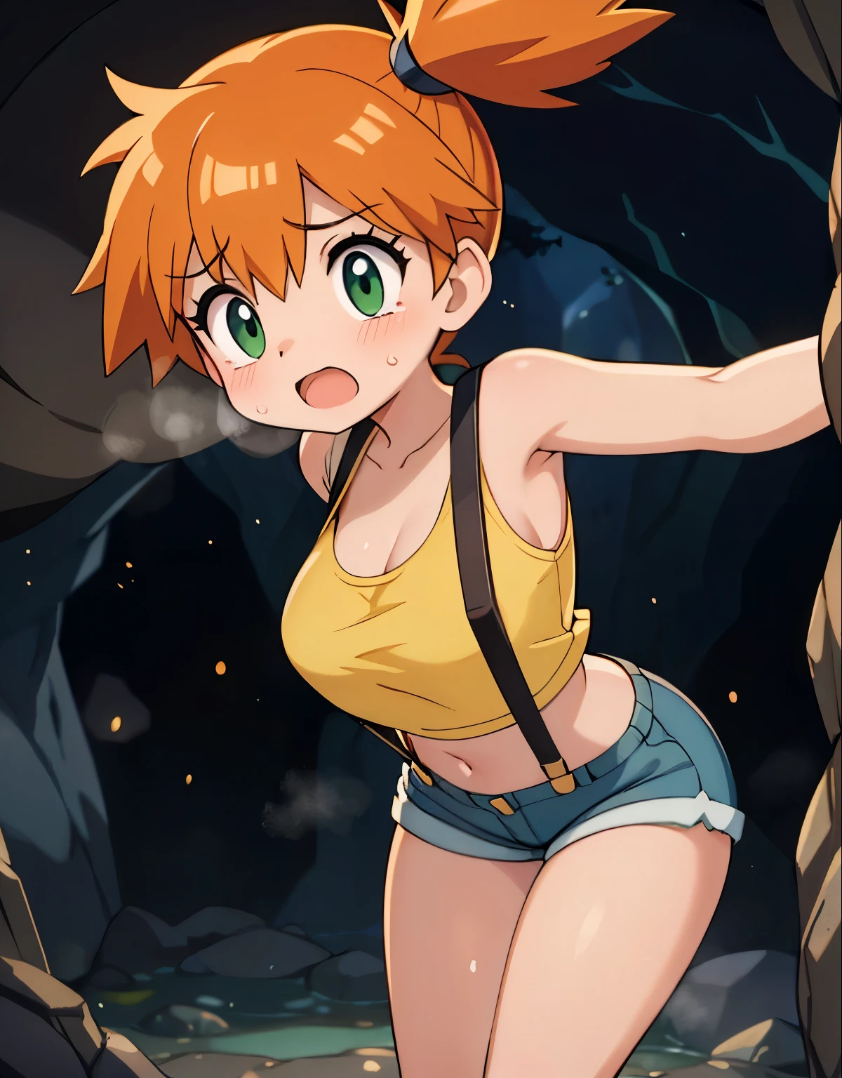 [best quality,masterpiece:1.2] Misty, Pokémon trainer, trapped inside a cave with a stout man. [nsfw], sexual encounter, their struggles and emotions vividly portrayed. Misty's determined attempts to escape futile against the man's dominant hold. [realistic:1.37] detailing on Misty's face, crying, open mouth,  midriff, orange_hair, side_ponytail, crop_top, looking_to_the_side, eyelashes, bare_legs, sleeveless_shirt, leaning_forward, arm_support, suspenders, tank_top, denim_shorts, yellow_shirt, hair_tie, green_shorts, suspender_shorts, yellow_tank_top, long eyelashes accentuating her deep brown eyes, flushed cheeks reflecting both fear and resistance, and her beautiful glossy lips. Medium: expressive oil painting style. Cave environment intricately rendered, capturing the dampness and dim lighting, accentuated with subtle [bokeh]. Misty's vivid orange hair contrasting with the cave's cool-toned shadows. The light, softly falling on the protagonists, further emphasizes the intensity of their emotional exchange.