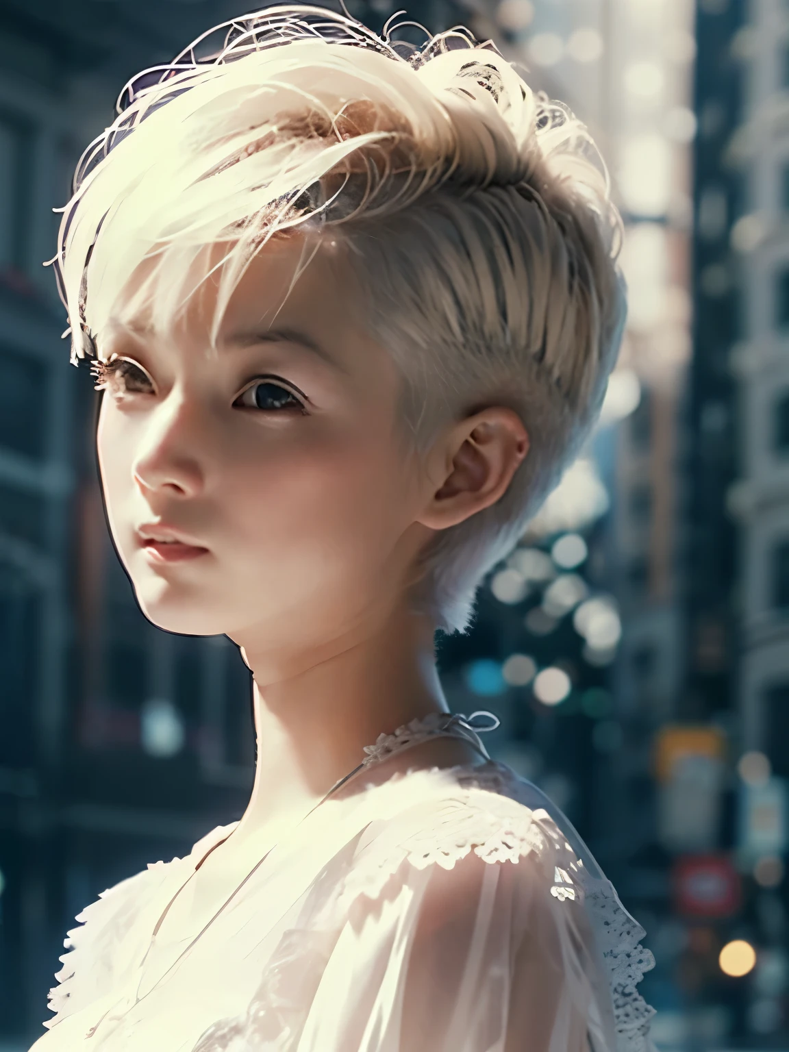 (Highly detailed CG Unity 8k wallpaper, masterpiece, highest quality, super detailed), (best illumination, best shadow, very delicate and beautiful), Cool, dynamic, and original young girl character (dynamic pose) and silver (pixie cut hair: 1.3) Something that reflects light beautifully.