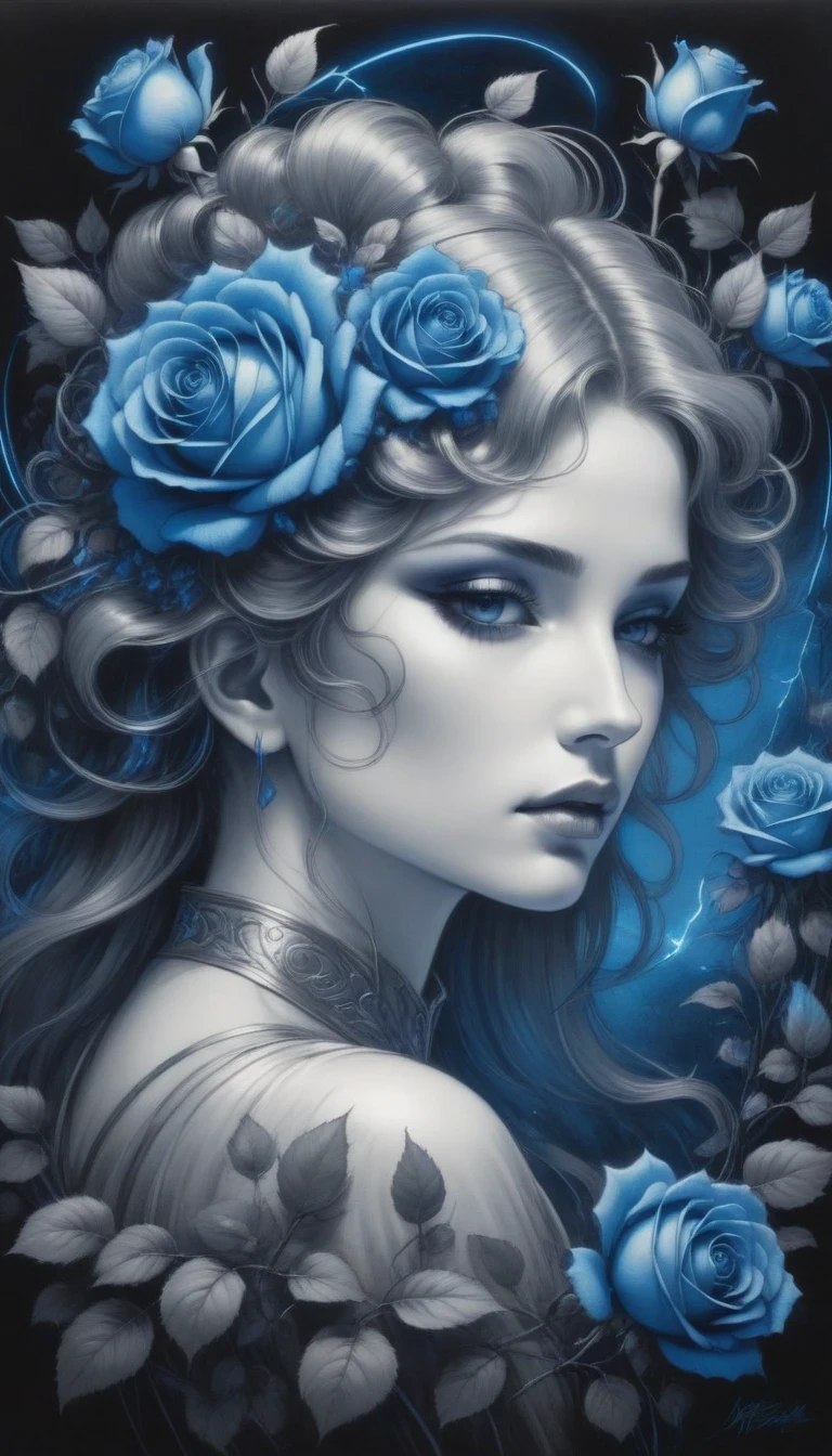 (pencil_sketch:1.2, messy lines, Grayscale, traditional media, sketch),[[[Artist Mucha]]]，on dark background, Stylized silhouette of blue electric charges forming electric knight and framed rose , bioluminescence