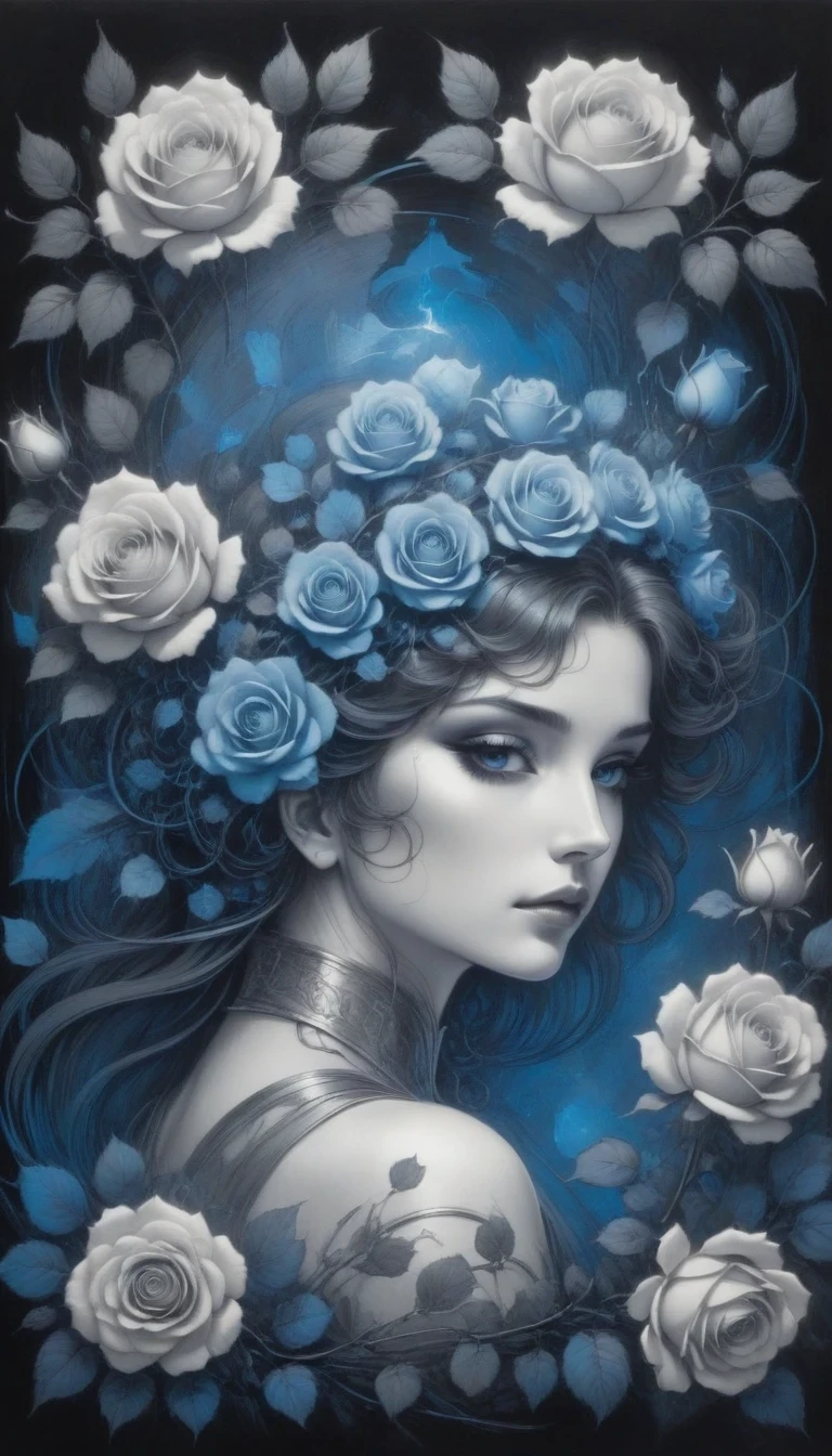 (pencil_sketch:1.2, messy lines, Grayscale, traditional media, sketch),[[[Artist Mucha]]]，on dark background, Stylized silhouette of blue electric charges forming electric knight and framed rose , bioluminescence