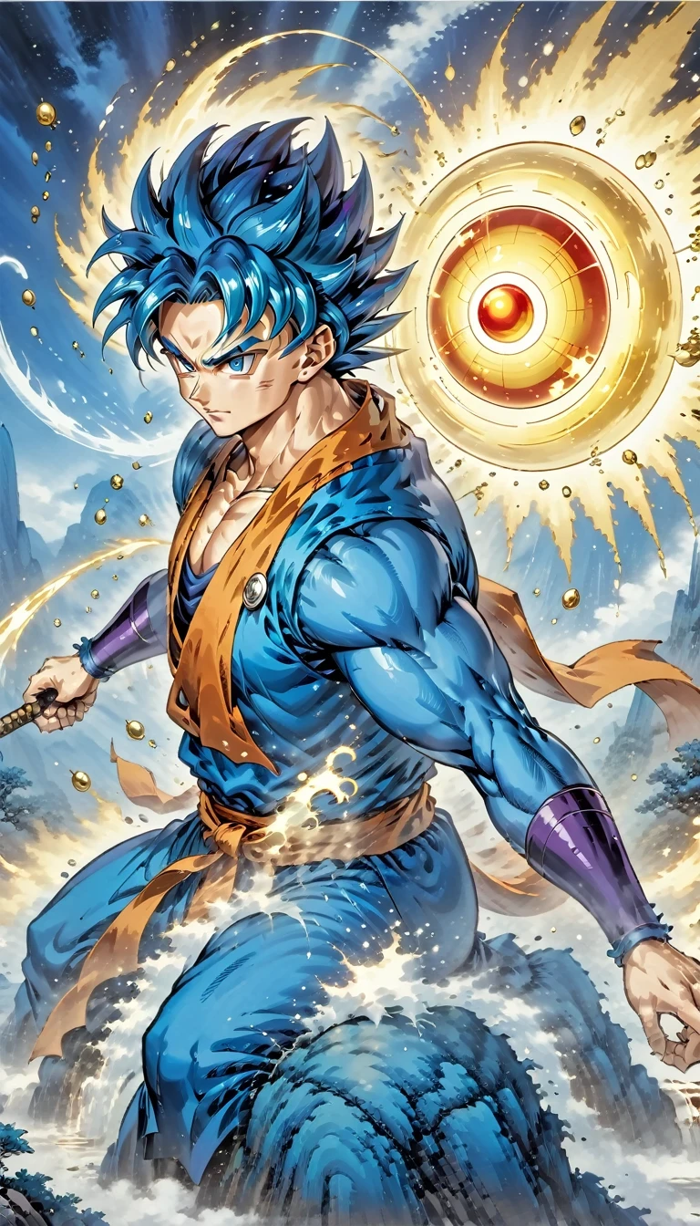 (best quality,4k,8k,high resolution,masterpiece:1.2),Super detailed,(actual,photoactual,photo-actual:1.37),illustration,dragon ball,figure,Wukong,vegnette,robust,Saiyan,fighting,energy beam,Action packed,史诗般的fighting,martial arts,Explosive force level,flight,gas explosion,Transformation,Characteristic hairstyle,muscular,otherworldly existence,fantasy,venture,superhuman strength,Supernatural abilities,angry,Axia,Namexians,robot,fighting championship,galactic conquest,cosmic threat,evil villain,The ultimate warrior,Orbital energy attack,dynamic poses,rich and colorful,shining,eye-catching,high-energy,Explosive effect,Orin Temple,dragon balls,deformation,interesting,good and evil,Teamwork,loyalty,destiny,immortal,lasting legacy,A symbol of power,The spirit of never giving up,Heroes who save the earth,larger than life,Legend,Engaging narrative,Fast-paced,Rapid heartbeat,universe-altering ventures,Dream of becoming the strongest warrior.
