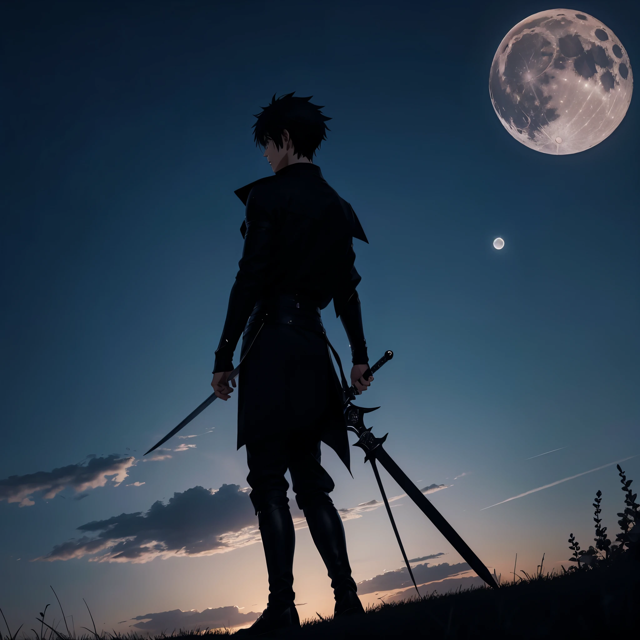 An anime image showing an anime boy dressed in black and holding a shiny black sword in his right hand, alone, and our angle of view is horizontal, with the moon shining in the sky behind them, alone, and profile He is facing the camera and there is a shadow on his face and his face is not clear
