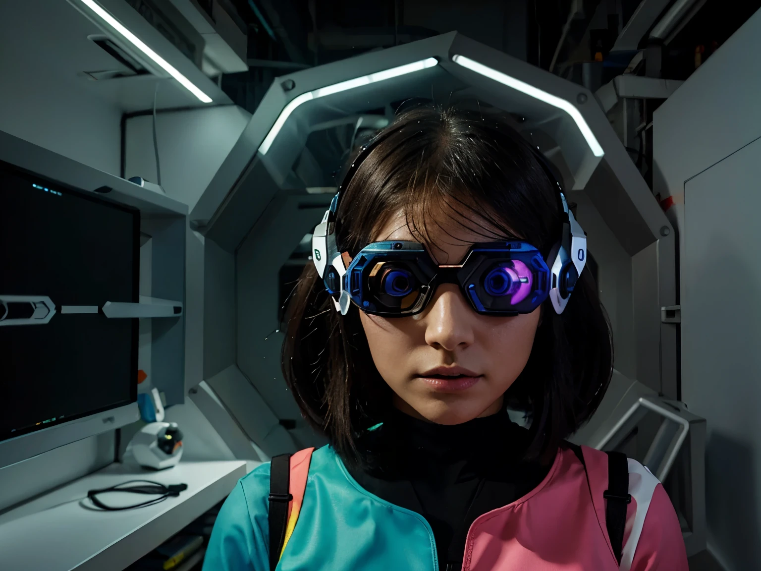 Generate an image of a compact augmented reality headset with an artistic and highly futuristic design. The sleek contours and innovative features should evoke a sense of cutting-edge technology and avant-garde aesthetics.