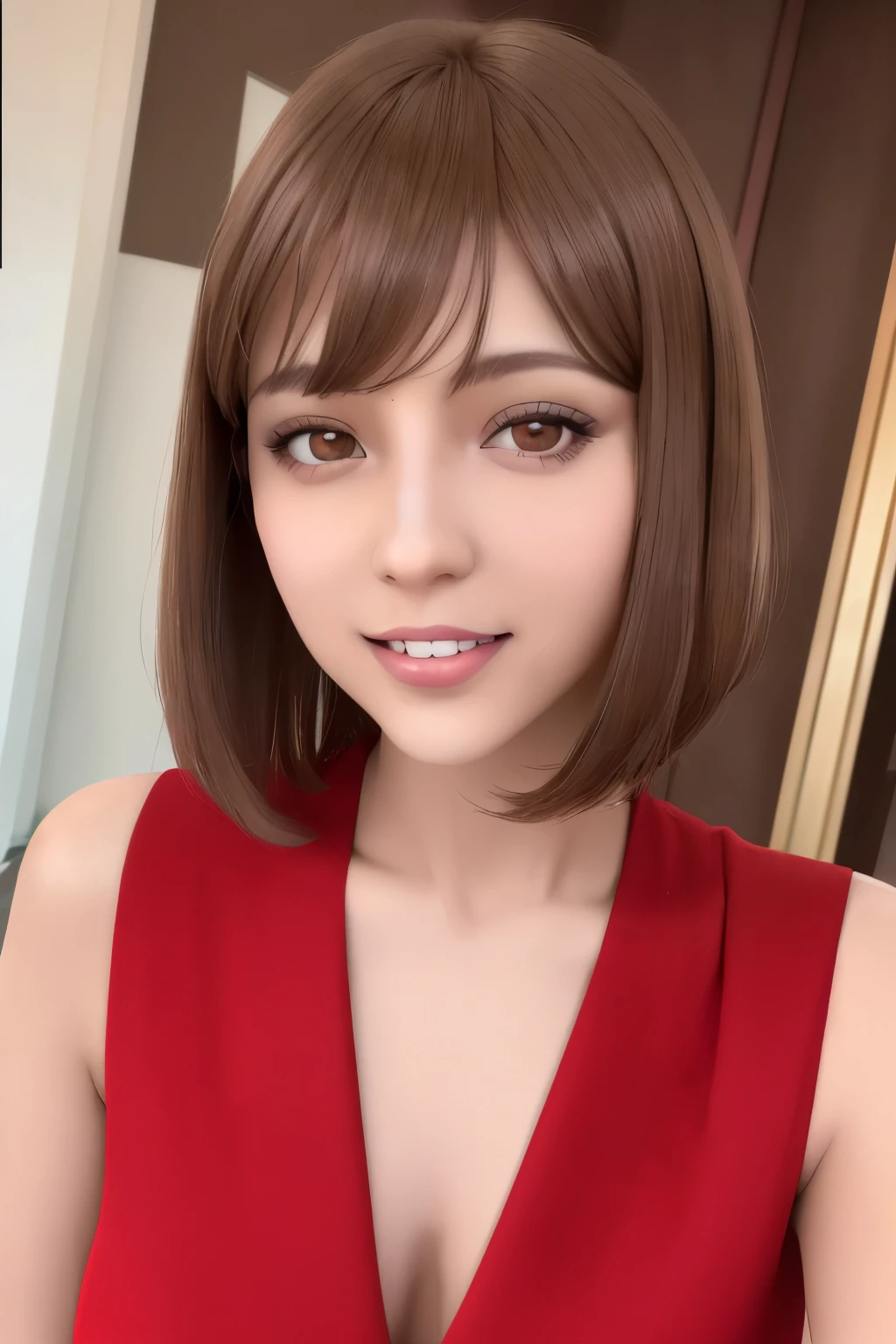 parte superior del cuerpo, solo, 1 chica transexual, mirando hacia el lado, sonrisa, rubor, cabello amarillo, con flequillo, pelo recogido con coleta medio largo, Light brown eyes, hermoso rostro detallado, ojos ultra detallados, pechos grandes, vestido rojo elegante, de fondo un photocall y alfombra roja