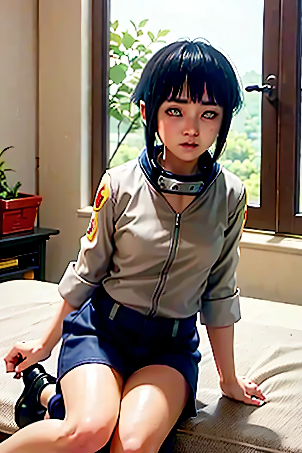 hinata hyuga, en la cama, piernas abiertas