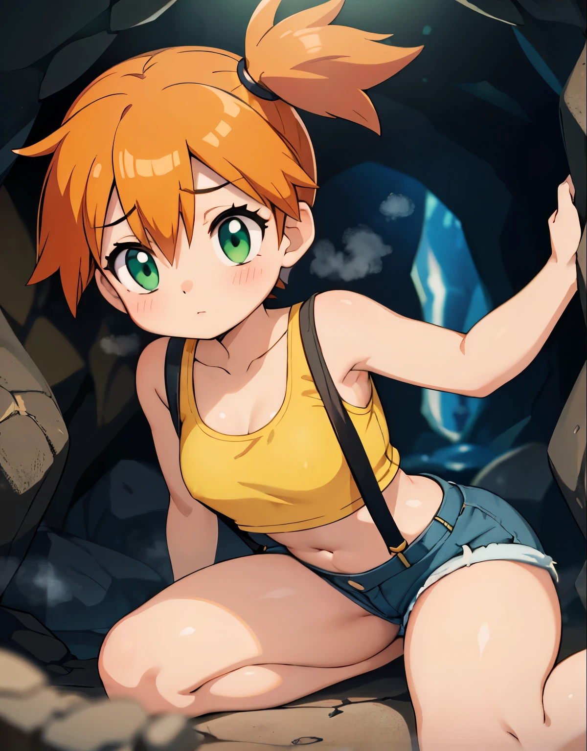 [best quality,masterpiece:1.2] Misty, Pokémon trainer, trapped inside a cave with a stout man. [nsfw], sexual encounter, their struggles and emotions vividly portrayed. Misty's determined attempts to escape futile against the man's dominant hold. [realistic:1.37] detailing on Misty's face, long eyelashes accentuating her deep brown eyes, flushed cheeks reflecting both fear and resistance, and her beautiful glossy lips. Medium: expressive oil painting style. Cave environment intricately rendered, capturing the dampness and dim lighting, accentuated with subtle [bokeh]. short_hair, closed_mouth, bangs, navel, hair_between_eyes, bare_shoulders, sitting, green_eyes, full_body, lying, sleeveless, midriff, orange_hair, side_ponytail, crop_top, looking_to_the_side, eyelashes, bare_legs, sleeveless_shirt, leaning_forward, arm_support, suspenders, tank_top, denim_shorts, yellow_shirt, hair_tie, green_shorts, suspender_shorts, yellow_tank_top, body shape, small breast, chubby thighs, thick thighs, Misty's vivid orange hair contrasting with the cave's cool-toned shadows. The light, softly falling on the protagonists, further emphasizes the intensity of their emotional exchange.