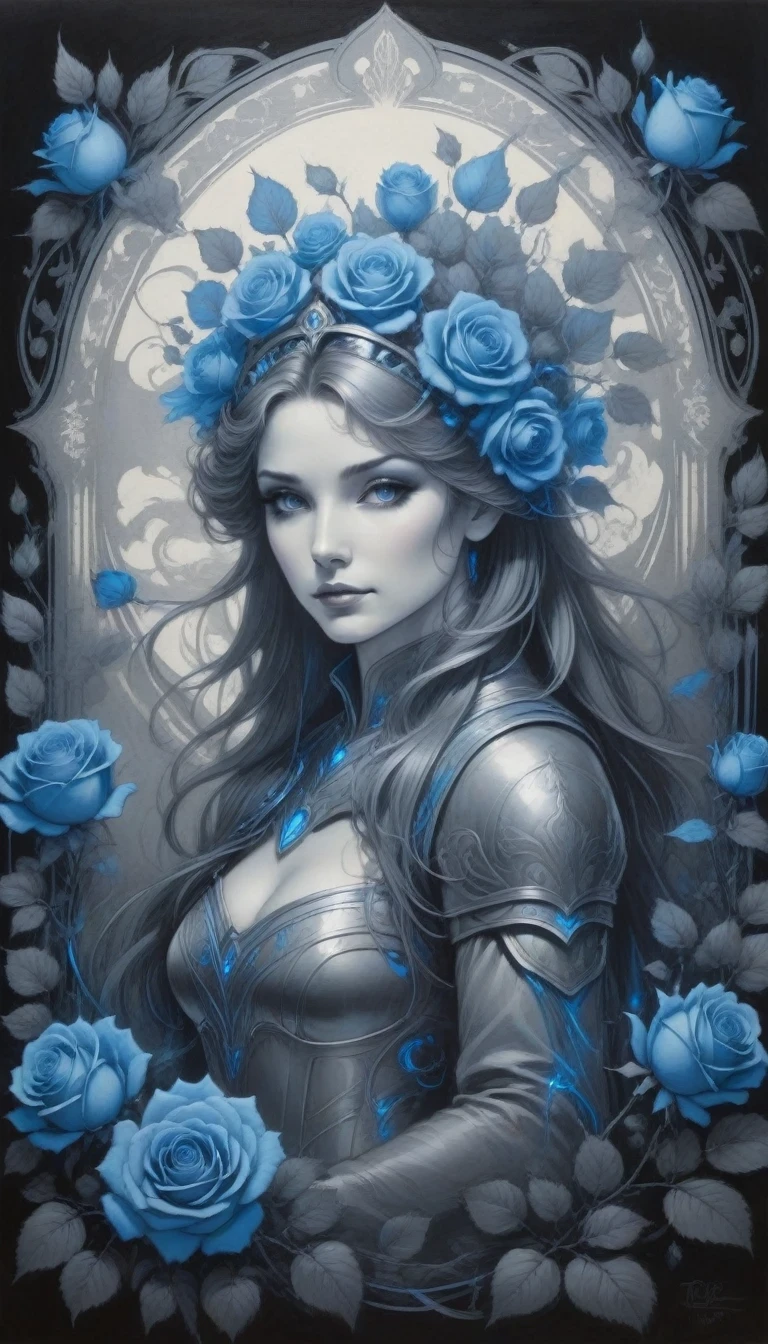 (pencil_sketch:1.2, messy lines, Grayscale, traditional media, sketch),[[[Artist Mucha]]]，on dark background, Stylized silhouette of blue electric charges forming electric knight and framed rose , bioluminescence