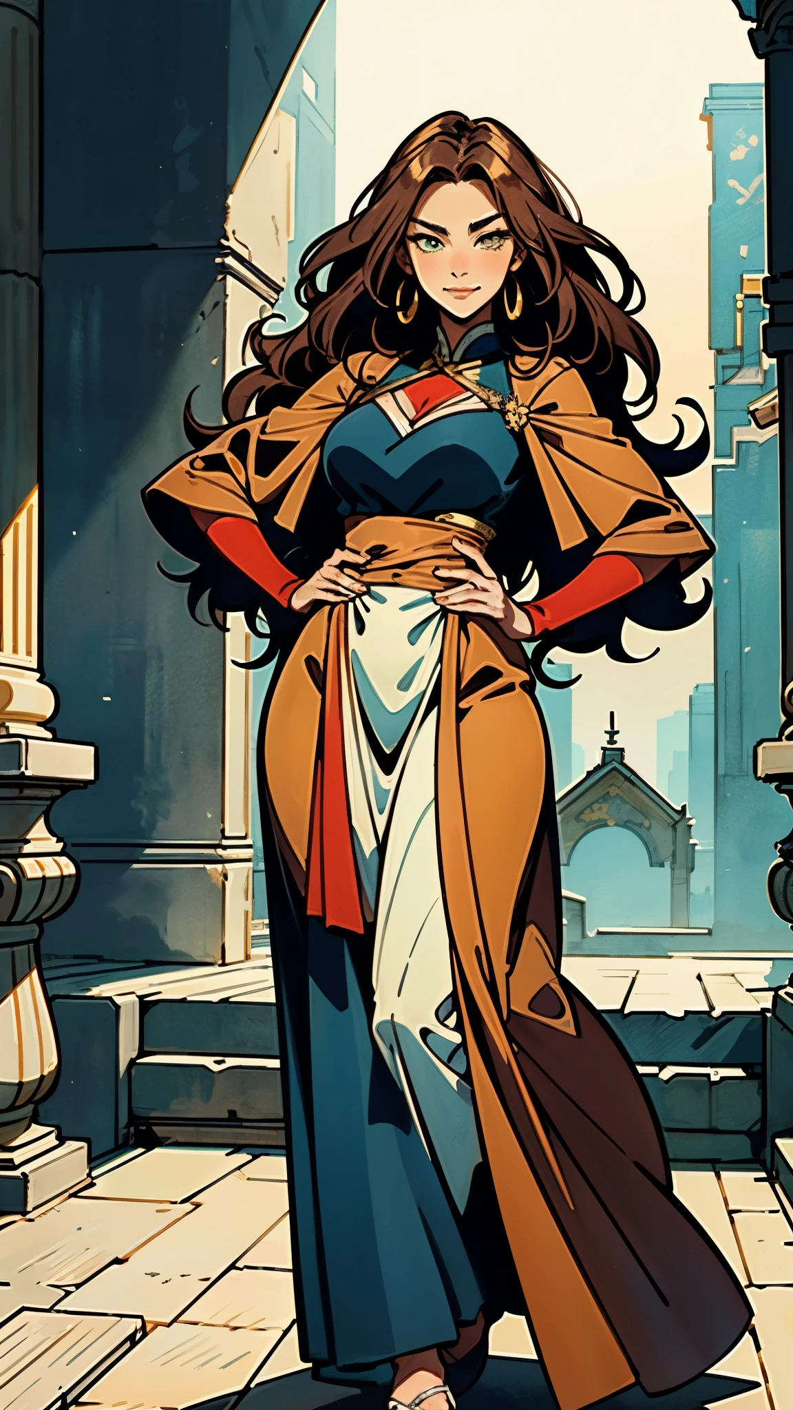 ((A teenager girl with long deep red wavy hair)), slender upturned eyebrows, sharp eyes, delicate features, ((a mix of Central Asian and European facial characteristics)), a hint of a smile at the corner of her mouth, exuding confidence, her figure is svelte, ((a fantasy-style long dress designed for both ease of movement and regal elegance, loose and comfortable trousers that match the outfit for ease of movement, red and white as the main color, complemented by yellow accents)), proudly standing with hands on hips, the scene is set in a majestic fantasy-style ancient city that melds Chinese and Japanese architectural influences, this character embodies a finely crafted fantasy martial arts-style female warrior in anime style, exquisite and mature manga art style, perfect nose, perfect mouth, perfect eyes, perfect hair, Perfect skin, textured skin, detailed skin, porcelain skin, high definition, best quality, highres, ultra-detailed, ultra-fine painting, extremely delicate, professional, anatomically correct, symmetrical face, extremely detailed eyes and face, high quality eyes, creativity, RAW photo, UHD, 32k, Natural light, cinematic lighting, masterpiece-anatomy-perfect, masterpiece:1.5