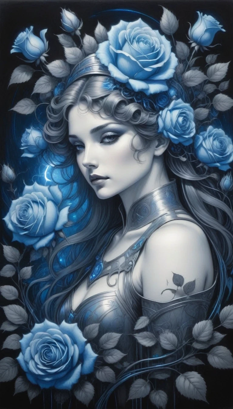 (pencil_sketch:1.2, messy lines, Grayscale, traditional media, sketch),[[[Artist Mucha]]]，on dark background, Stylized silhouette of blue electric charges forming electric knight and framed rose , bioluminescence