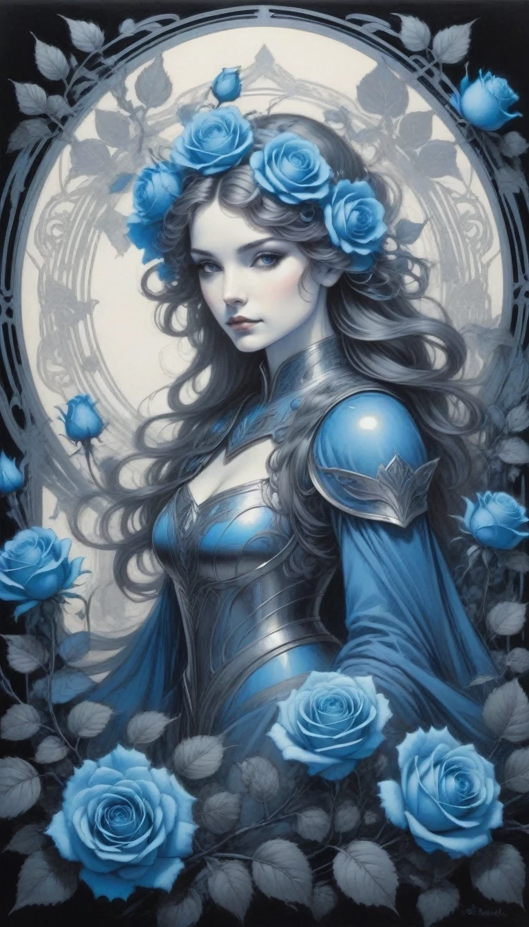 (pencil_sketch:1.2, messy lines, Grayscale, traditional media, sketch),[[[Artist Mucha]]]，on dark background, Stylized silhouette of blue electric charges forming electric knight and framed rose , bioluminescence