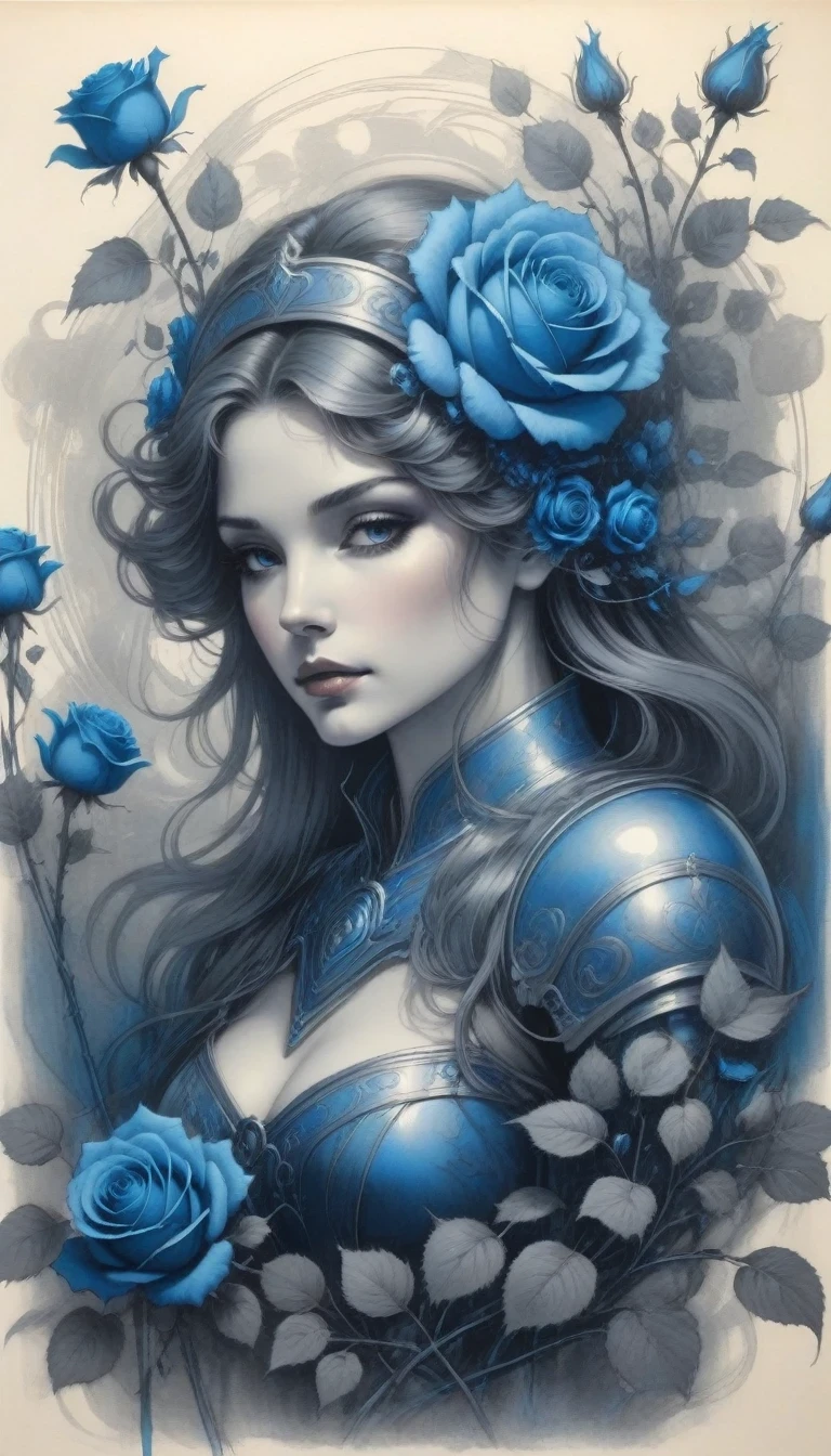 (pencil_sketch:1.2, messy lines, Grayscale, traditional media, sketch),[[[Artist Mucha]]]，on dark background, Stylized silhouette of blue electric charges forming electric knight and framed rose , bioluminescence