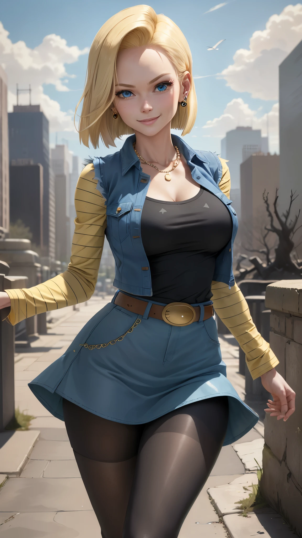 best quality, high-res, and18, 1girl, android 18, solo, blonde hair, blue eyes, belt, tight blue demin skirt, gold necklace, black shirt, short hair, long sleeves, striped sleeves, earrings, open vest, blue denim vest, large breasts, cowboy shot, city park, straight-on, (weather: windy), walking, full length pantyhose, battle ruins, wide hips, shy smile,