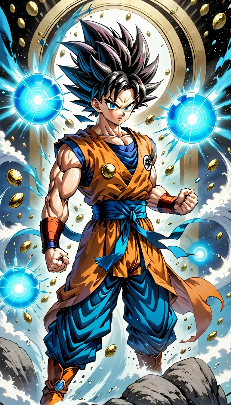 (best quality,4k,8k,high resolution,masterpiece:1.2),Super detailed,(actual,photoactual,photo-actual:1.37),illustration,dragon ball,figure,Wukong,vegnette,robust,Saiyan,fighting,energy beam,Action packed,史诗般的fighting,martial arts,Explosive force level,flight,gas explosion,Transformation,Characteristic hairstyle,muscular,otherworldly existence,fantasy,venture,superhuman strength,Supernatural abilities,angry,Axia,Namexians,robot,fighting championship,galactic conquest,cosmic threat,evil villain,The ultimate warrior,Orbital energy attack,dynamic poses,rich and colorful,shining,eye-catching,high-energy,Explosive effect,Orin Temple,dragon balls,deformation,interesting,good and evil,Teamwork,loyalty,destiny,immortal,lasting legacy,A symbol of power,The spirit of never giving up,Heroes who save the earth,larger than life,Legend,Engaging narrative,Fast-paced,Rapid heartbeat,universe-altering ventures,Dream of becoming the strongest warrior.