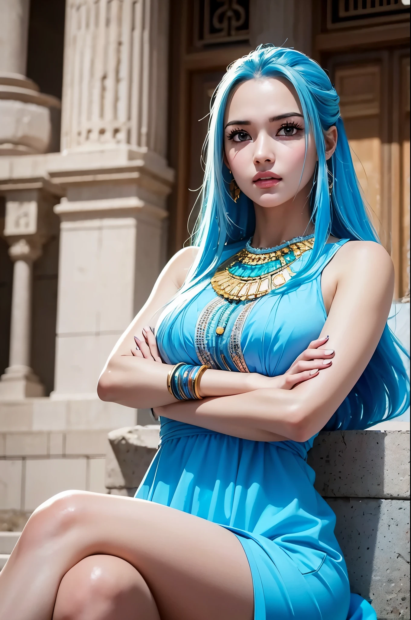masterpiece, best quality, extremely detailed, hyperrealistic, photorealistic, a shot from head to knee:1.1, a pretty egyptian girl, ultra detailed face, light blue hair, gritting her teeth, crossed arms:1.2