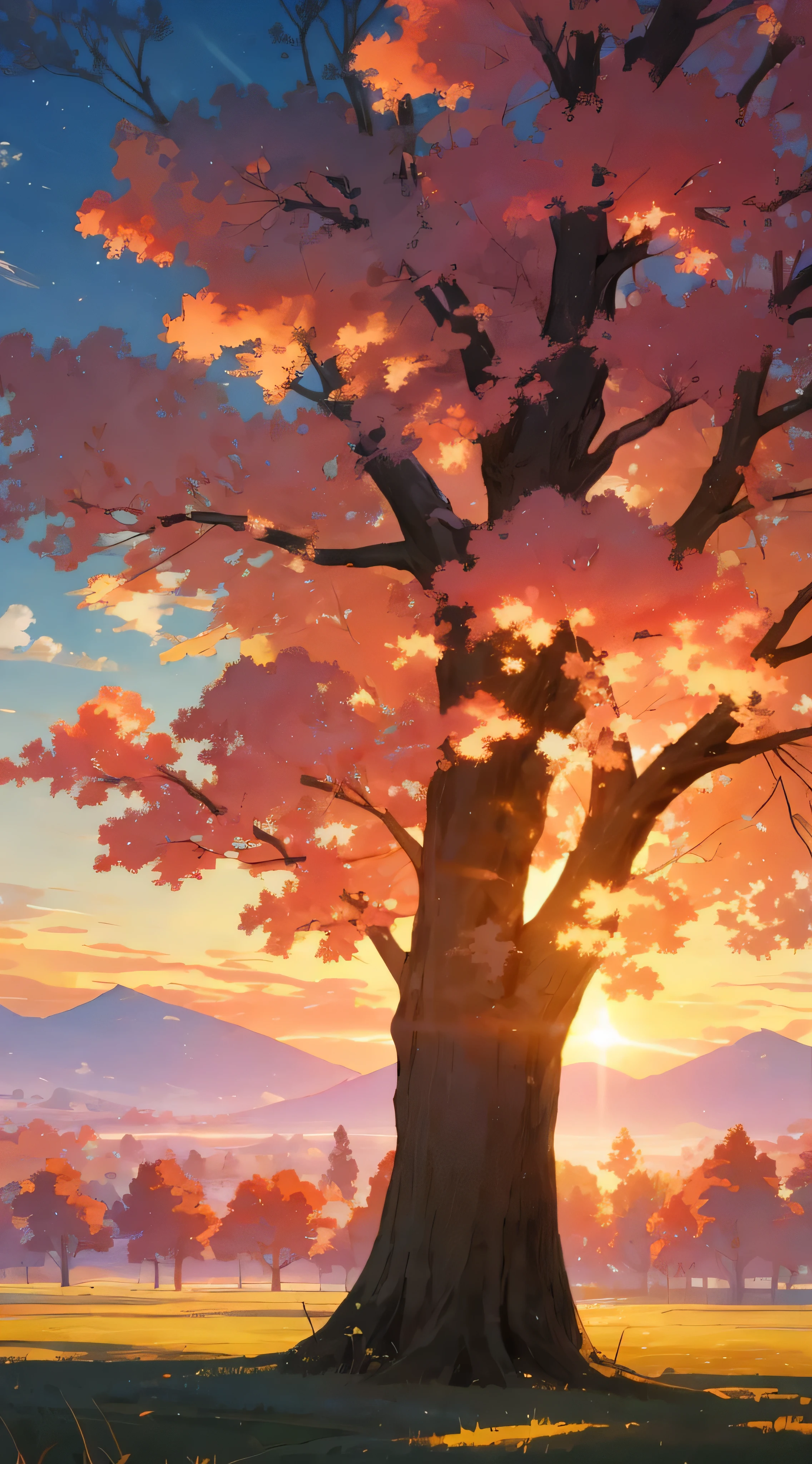 Anime scene of a tranquil tree in a sprawling field, bathed in the soft glow of a sunset, Artist: Sylvain Sarrailh, Trending on Artstation, Conceptual art at its finest, Anime landscape wallpaper brings serenity, Makoto Shinkai and Cyril Rolando's collaboration, Anime nature wallpaper, invites you into the anime countryside, An intricately beautiful anime peace scene unfolds, High-resolution 4K anime art wallpaper, anime art wallpaper 4K, showcases the exquisite beauty of anime nature, A tree's silhouette rendered in stunning detail against the sunset, Its vibrant colors