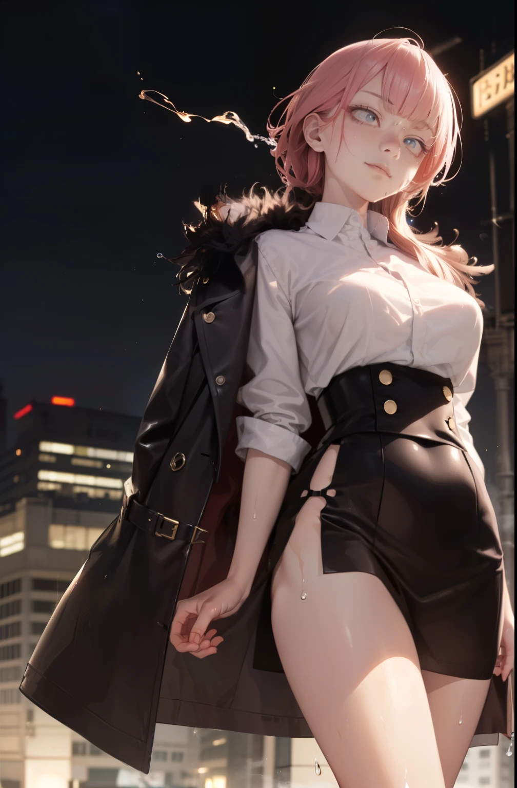 ((masterpiece、high quality、High resolution、4k, 8k, Blue Archive Official Art、live action)),knowledgeable person、detailed face、fine eyes、fine eyes、 (dripping Sweat、oil skin,glowing skin、realistic skin texture、fine and beautiful skin、shiny skin, big breasts、beautiful thighs, mature pretty woman、transparent eyes、sexy、(細い body and limbs,), (random pose) , ((clear eyes、double eyelid、big breasts))、((character : Karin Kakudate Blue Archive))、ぶら下がるbig breastsがシャツから見える、brown coat with fur、night view、night room、dark、lights out、skyscrapers、cyber punk、Rooftop of building with glowing helipad、Fluttering Wind、night breeze、かっこいいstanding pose、((thin waist、thin thighs、beautiful feet))、standing pose、((vapor,Sweat,what))、(black leather high waist slit skirt),((stare into the distance, Landscape))、With a bewitching smile、(((迸るSweat、oil skin,sparkling skin、realistic skin texture、detailed beautiful skin、shiny skin、shiny skin)))、pale image、pale light