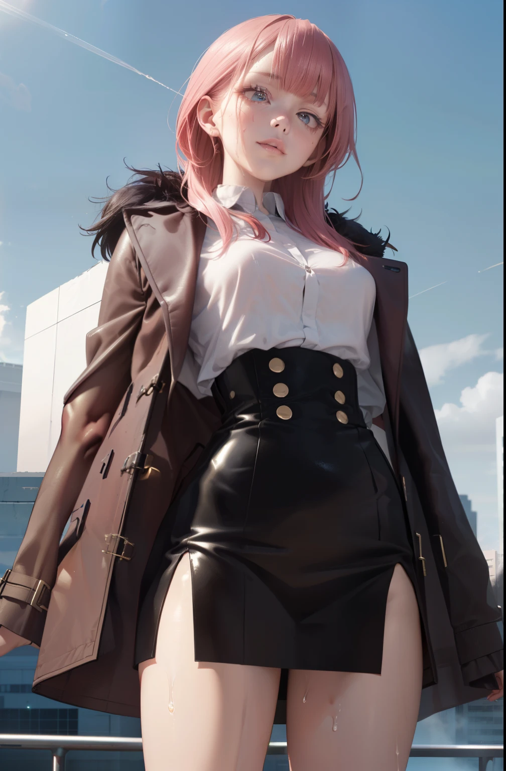 ((masterpiece、high quality、High resolution、4k, 8k, Blue Archive Official Art、live action)),knowledgeable person、detailed face、fine eyes、fine eyes、 (dripping Sweat、oil skin,glowing skin、realistic skin texture、fine and beautiful skin、shiny skin, big breasts、beautiful thighs, mature pretty woman、transparent eyes、sexy、(細い body and limbs,), (random pose) , ((clear eyes、double eyelid、big breasts))、((character : Karin Kakudate Blue Archive))、ぶら下がるbig breastsがシャツから見える、brown coat with fur、night view、night room、dark、lights out、skyscrapers、cyber punk、Rooftop of building with glowing helipad、Fluttering Wind、night breeze、かっこいいstanding pose、((thin waist、thin thighs、beautiful feet))、standing pose、((vapor,Sweat,what))、(black leather high waist slit skirt),((stare into the distance, Landscape))、With a bewitching smile、(((迸るSweat、oil skin,sparkling skin、realistic skin texture、detailed beautiful skin、shiny skin、shiny skin)))、pale image、pale light