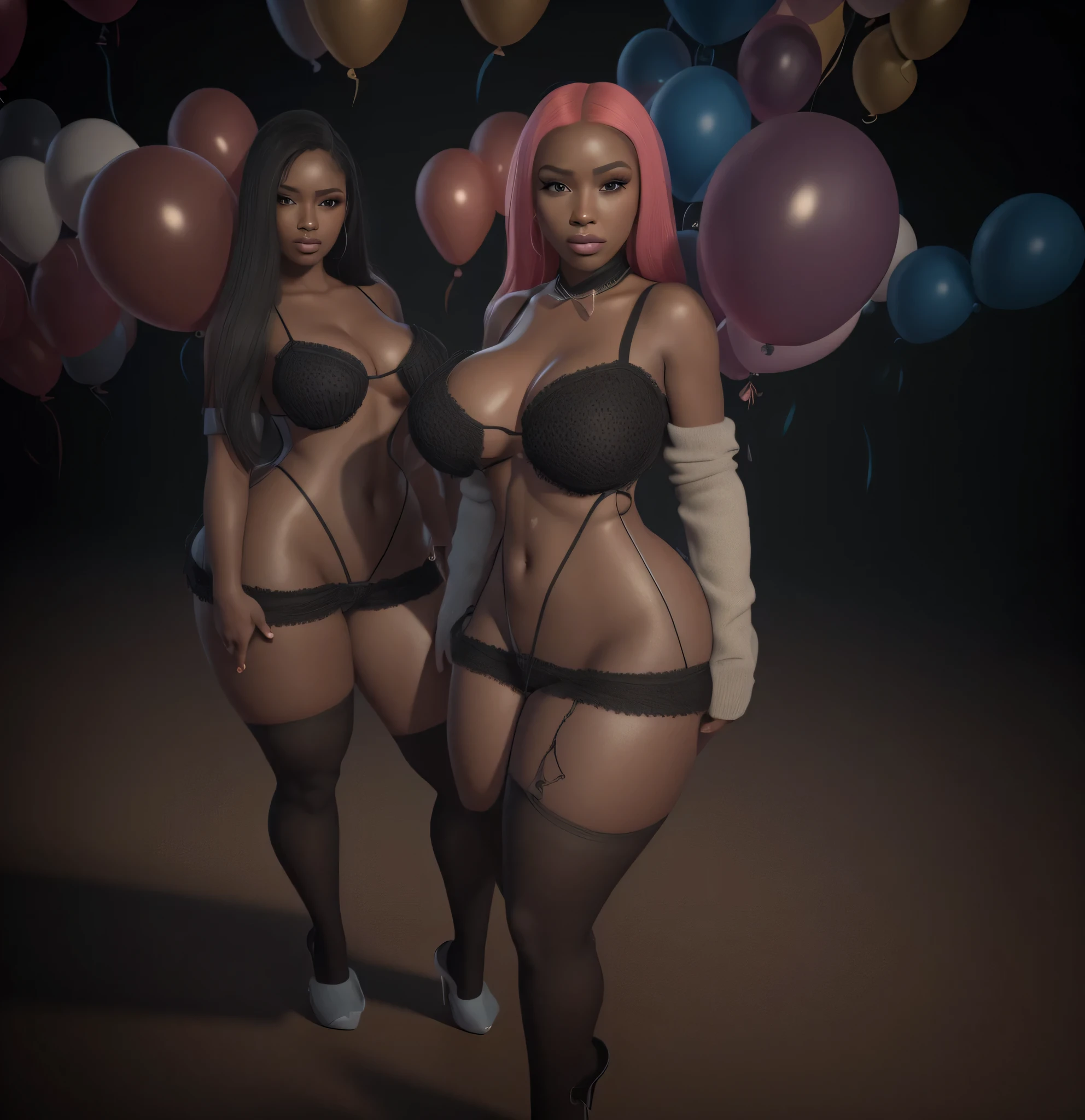 two women in lingersuits and stockings are posing for a picture, epic 3 d oshun, y 2 k cutecore clowncore, imvu, nicki minaj curvy, 🐿🍸🍋, doja cat, ( ( ( ( 3 d render ) ) ) ), daz3d, daz 3d, daz 3 d, balloons, at the party, photorealistic, photo, masterpiece, realistic, realism, photorealism, high contrast, photorealistic digital art trending on Artstation 8k HD high definition detailed realistic, detailed, skin texture, hyper detailed, realistic skin texture, armature, best quality, ultra high res, (photorealistic:1.4),, high resolution, detailed, raw photo, sharp re, by lee jeffries nikon d850 film stock photograph 4 kodak portra 400 camera f1.6 lens rich colors hyper realistic lifelike texture dramatic lighting unrealengine trending on artstation cinestill 800,