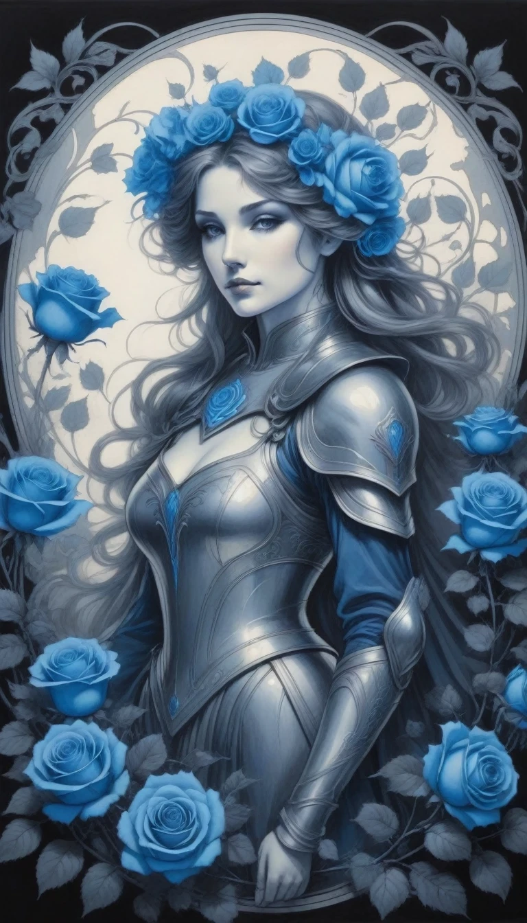 (pencil_sketch:1.2, messy lines, Grayscale, traditional media, sketch),[[[Artist Mucha]]]，on dark background, Stylized silhouette of blue electric charges forming electric knight and framed rose , bioluminescence
