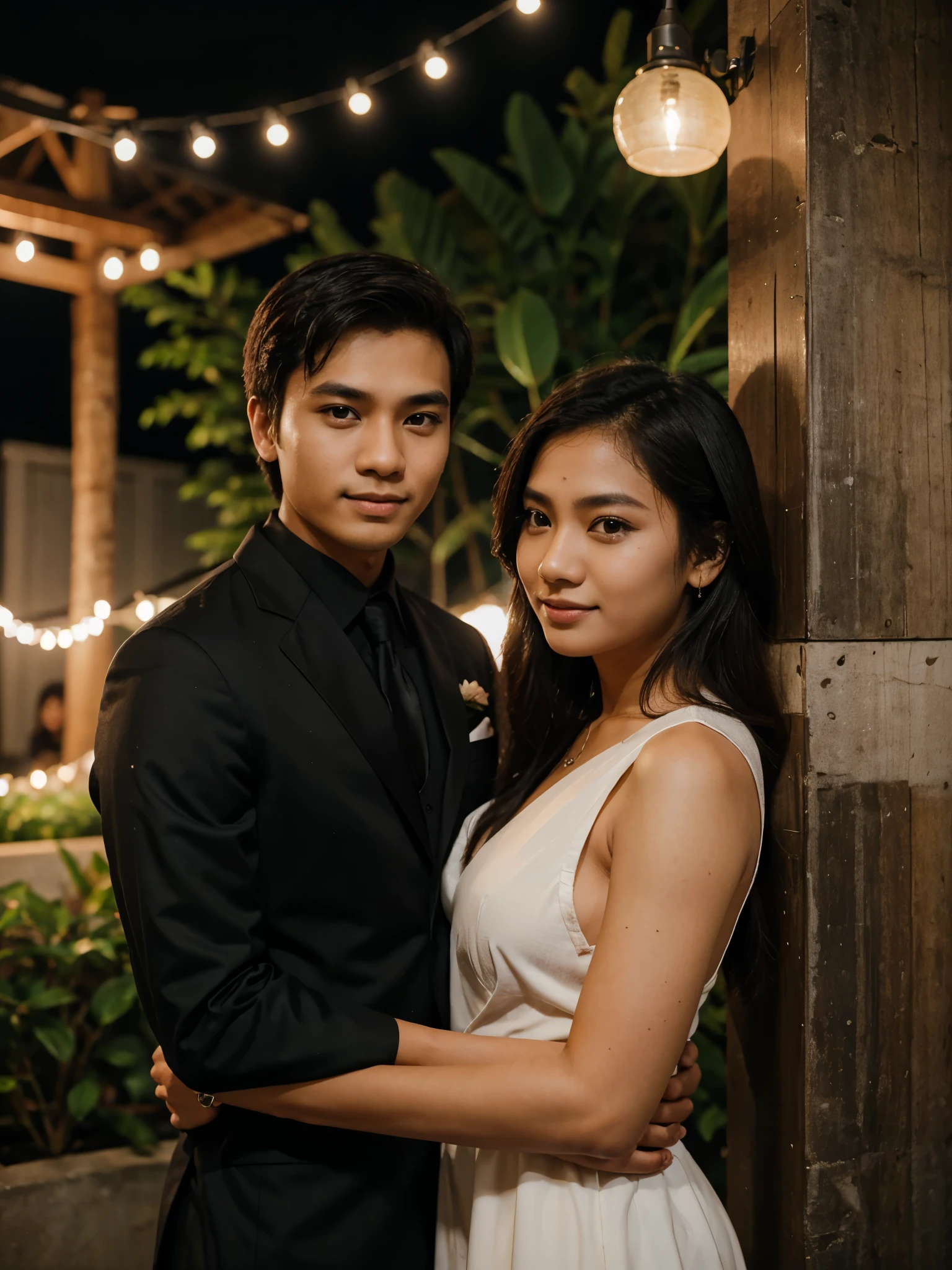photo of a young couple from Indonesia in formal clothes taking a photo together at a party. photography, super detailed, realistic, ultra HD, 8K Resolution, facial details.