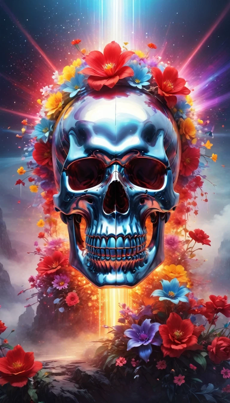 pixelated style,(Glows red,cross shaped glow,blooming flowers)),interstellar fog background,polished,((silver skull)),light composition,rainbow,rainbow around the skull,Full of energy,Illustrations of various structural force effects,Brilliant circular composition,alone,get portrait,magical decorative elements, Brilliant decorative combination,