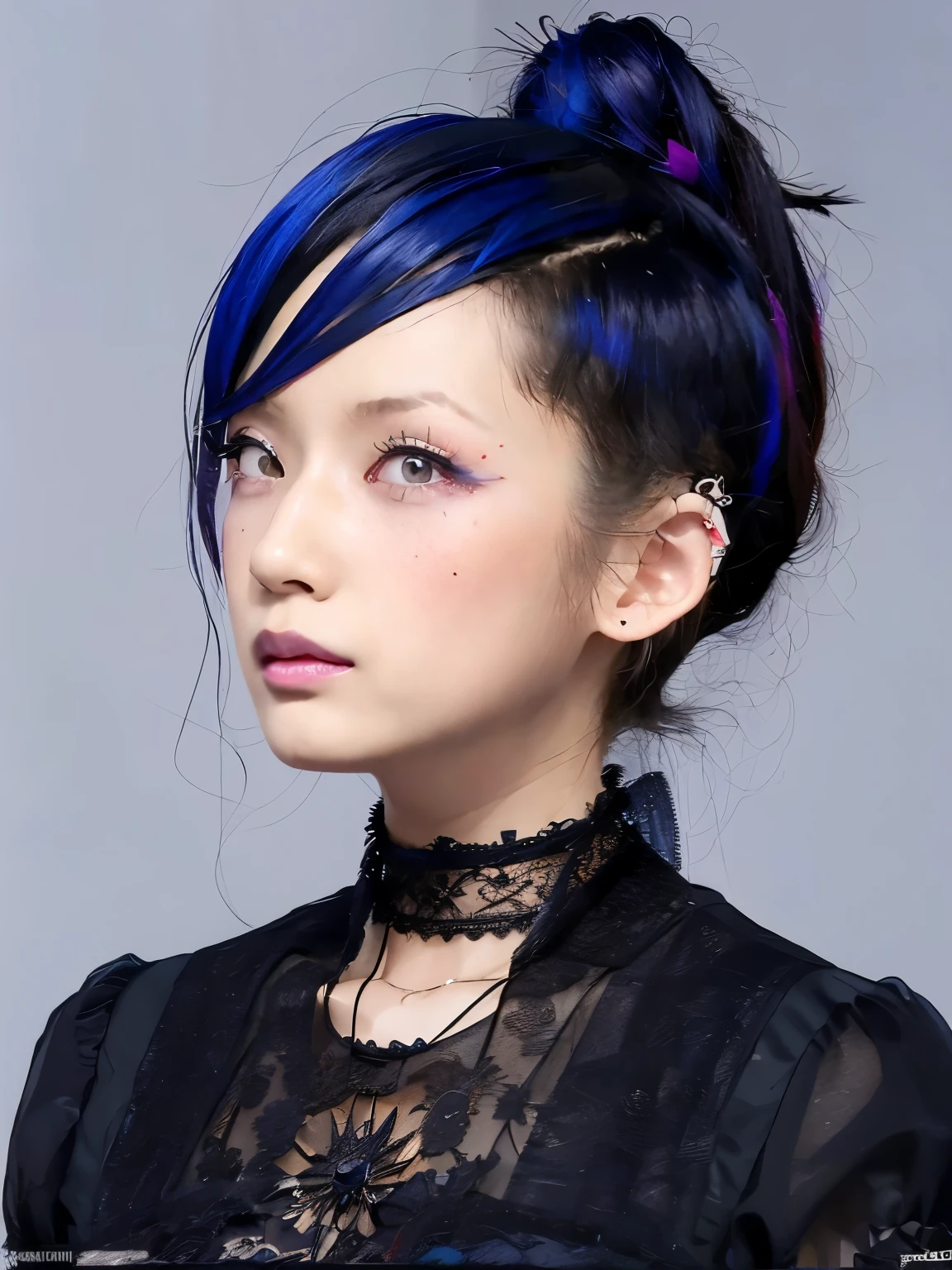 masterpiece, highest quality,3d rendering work ,3DMM style,close,portrait, 3D,1 girl, alone, colorful hair, blue hair, black hair, necklace, freckles, jewelry, two tone hair, looking to the side, realistic, Upper body, simple background, bangs, look away, short hair, parted lips, black eye, lips, gothic, choker, compensate, mole, black shirt, shirt, watermark