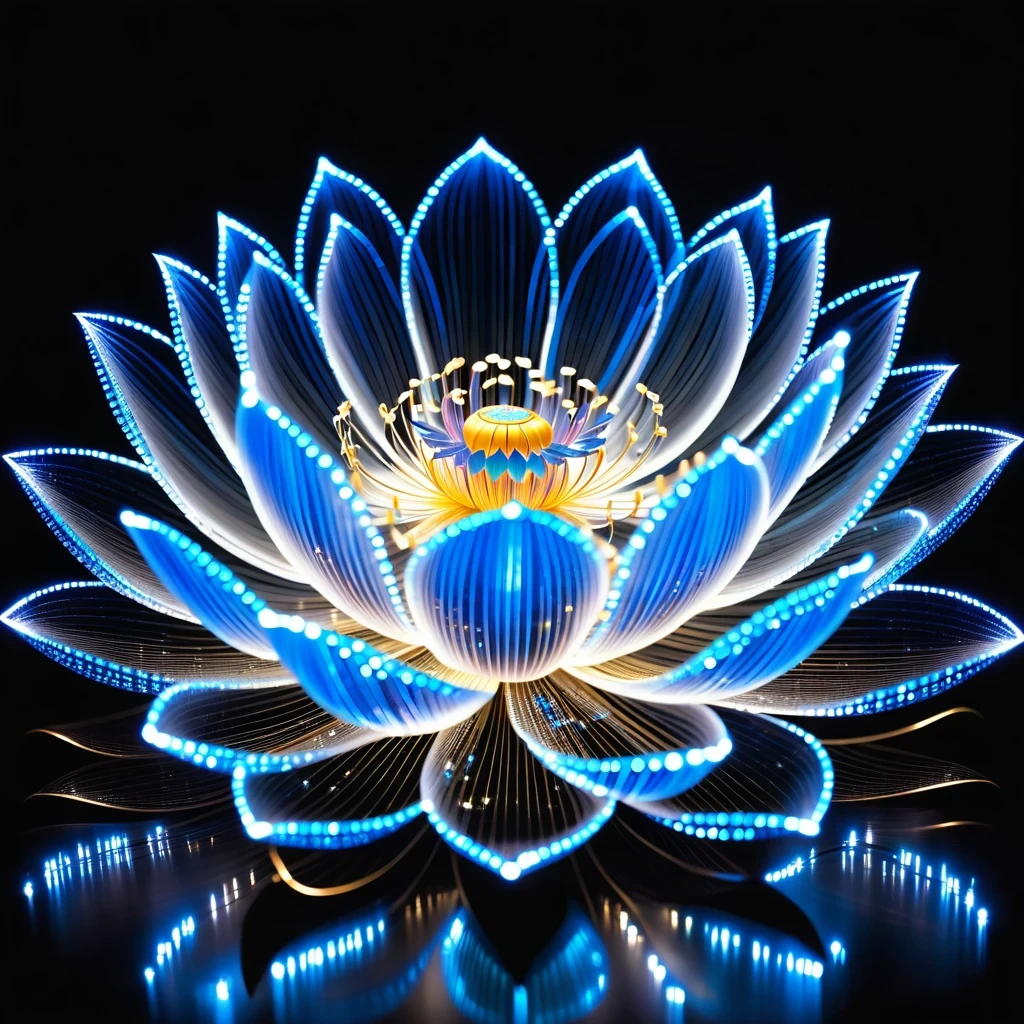 Blue electrons form lotus silhouette, Lightning effect sparkles on black background，Bruce Munro&#39;style, detailed