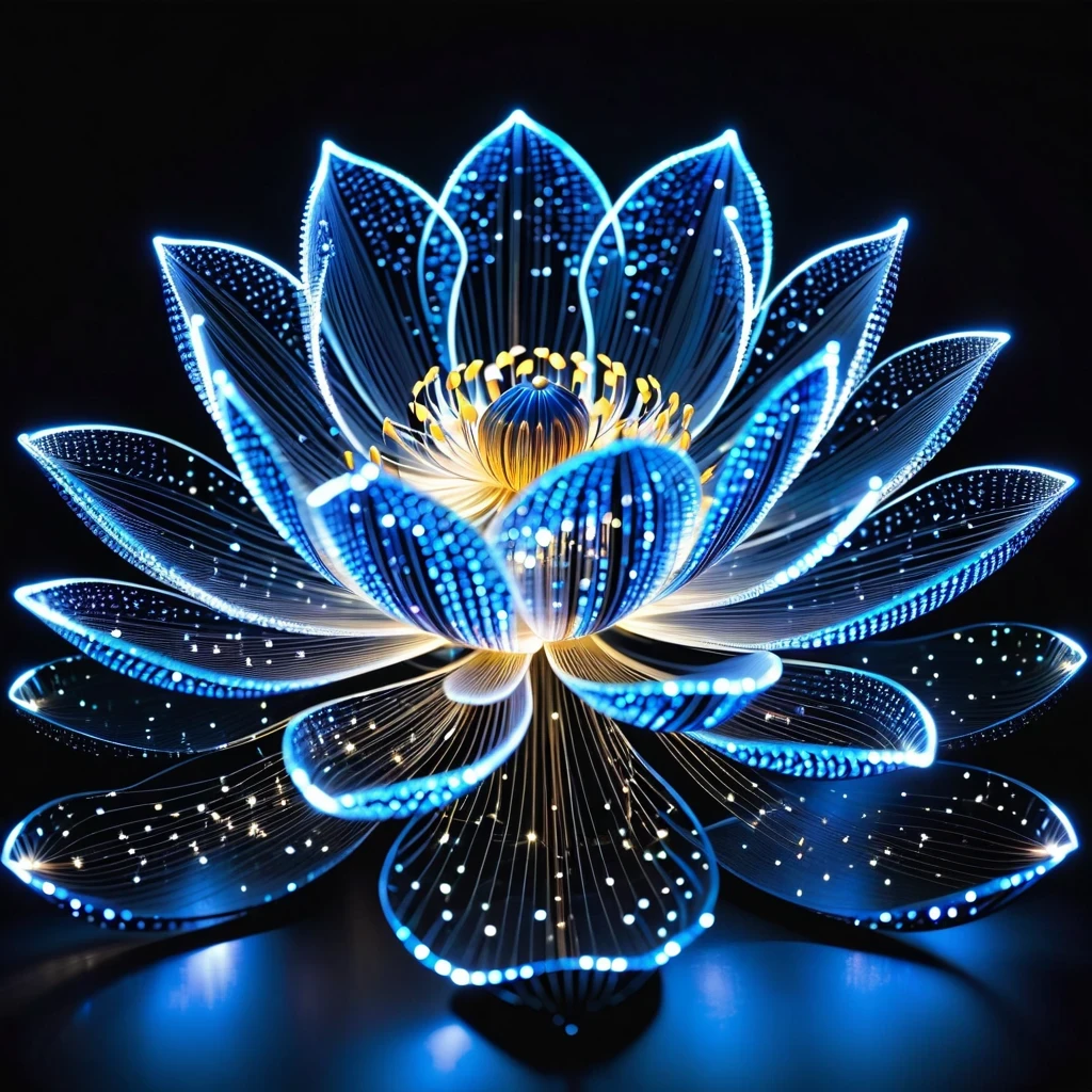 Blue electrons form lotus silhouette, Lightning effect sparkles on black background，Bruce Munro&#39;style, detailed