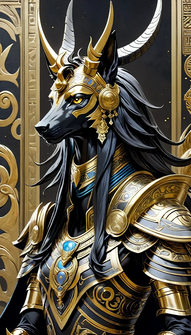 There is a picture of numbers, The painting depicts an animal with a golden head and horns, Dragoon portrait, Mysterious Anubis Valkyrie, Super detailed fantasy characters, Robot dragon portrait, sleipnir'Photo, ghost of anubis, 4K details fantasy, Polaroid Counting Trends, zbrush competition champion, Draw using zbrush, ZBrush Central Competition Champion, horse warrior, (The whole body is covered with blood:3)