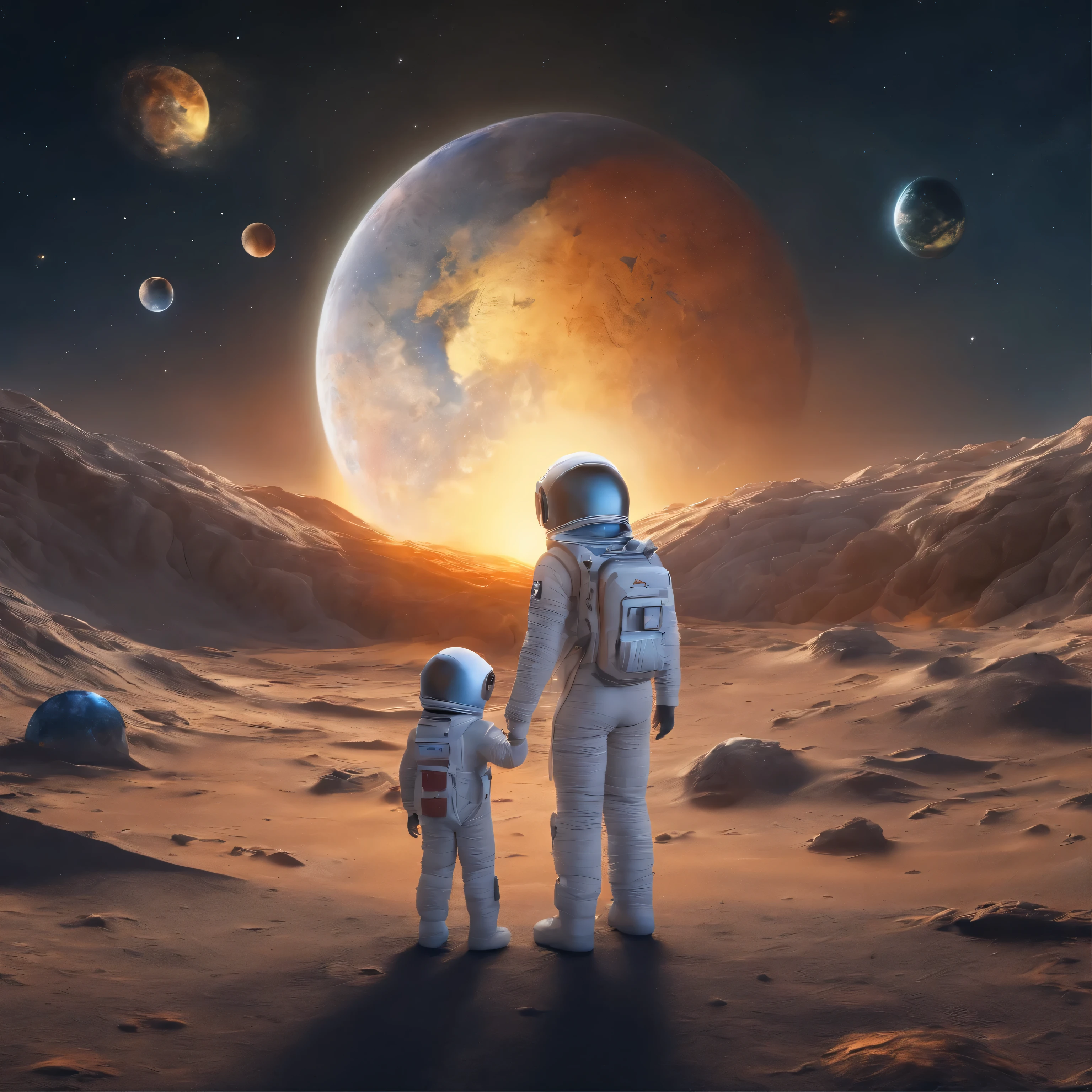 A stunningly realistic painting portraying a mother and her young son, both dressed in astronaut suits, standing on the moon's dusty, gray surface. The mother holds her son's hand while gazing at the Earth in the distance. Their spacesuits are meticulously rendered, with every detail visible. The background features a vast celestial space with stars scattered across the dark canvas. A sense of wonder and scientific achievement permeates.