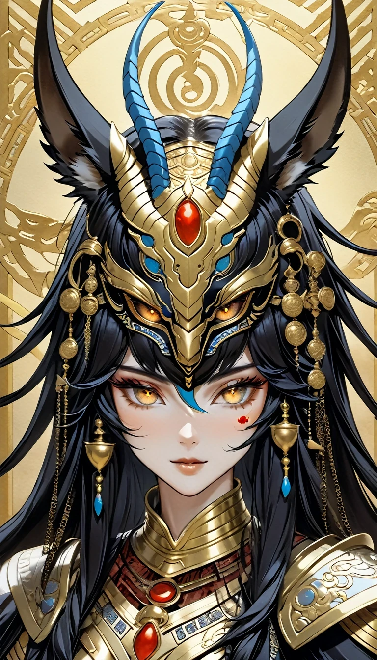 There is a picture of numbers, The painting depicts an animal with a golden head and horns, Dragoon portrait, Mysterious Anubis Valkyrie, Super detailed fantasy characters, Robot dragon portrait, sleipnir&#39;Photo, ghost of anubis, 4K details fantasy, Polaroid Counting Trends, zbrush competition champion, Draw using zbrush, ZBrush Central Competition Champion, horse warrior, (The whole body is covered with blood:3)