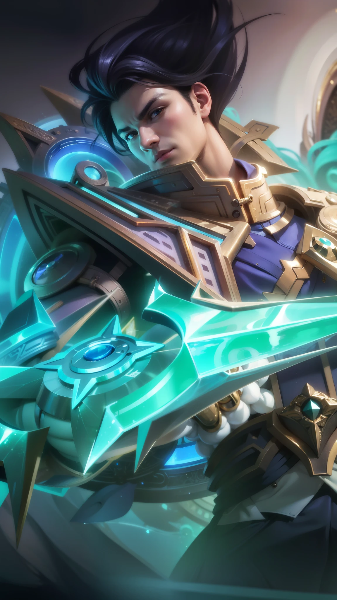 (Intricate Details, Masterpiece, Best Quality, High Resolution, 8k), (1man), (male:1.2), finely detailed eyes and face, toned body, masculine appeal, commanding presence, hot stud, bulging biceps and triceps, well-developed quadriceps and hamstrings, light skin, burgundy straight layered bangs hair, aquamarine eyes,  ornate details,  portrait, solo, half shot, looking down, detailed background, detailed face, (cogpunkai, cogpunk theme:1.1),  tech-mage,   [magic|technology], melding of spellcraft and advanced technology,  intricate [spellcasting clotheechanical gear], gear shaped glyphs,  ancient crystals,  [gears|ancient spell],  floating particles,  [innovative|enchanting] aura, high tech vehicle in background,   , finely detailed background, Depth of Field, VFX, young man and handsome.