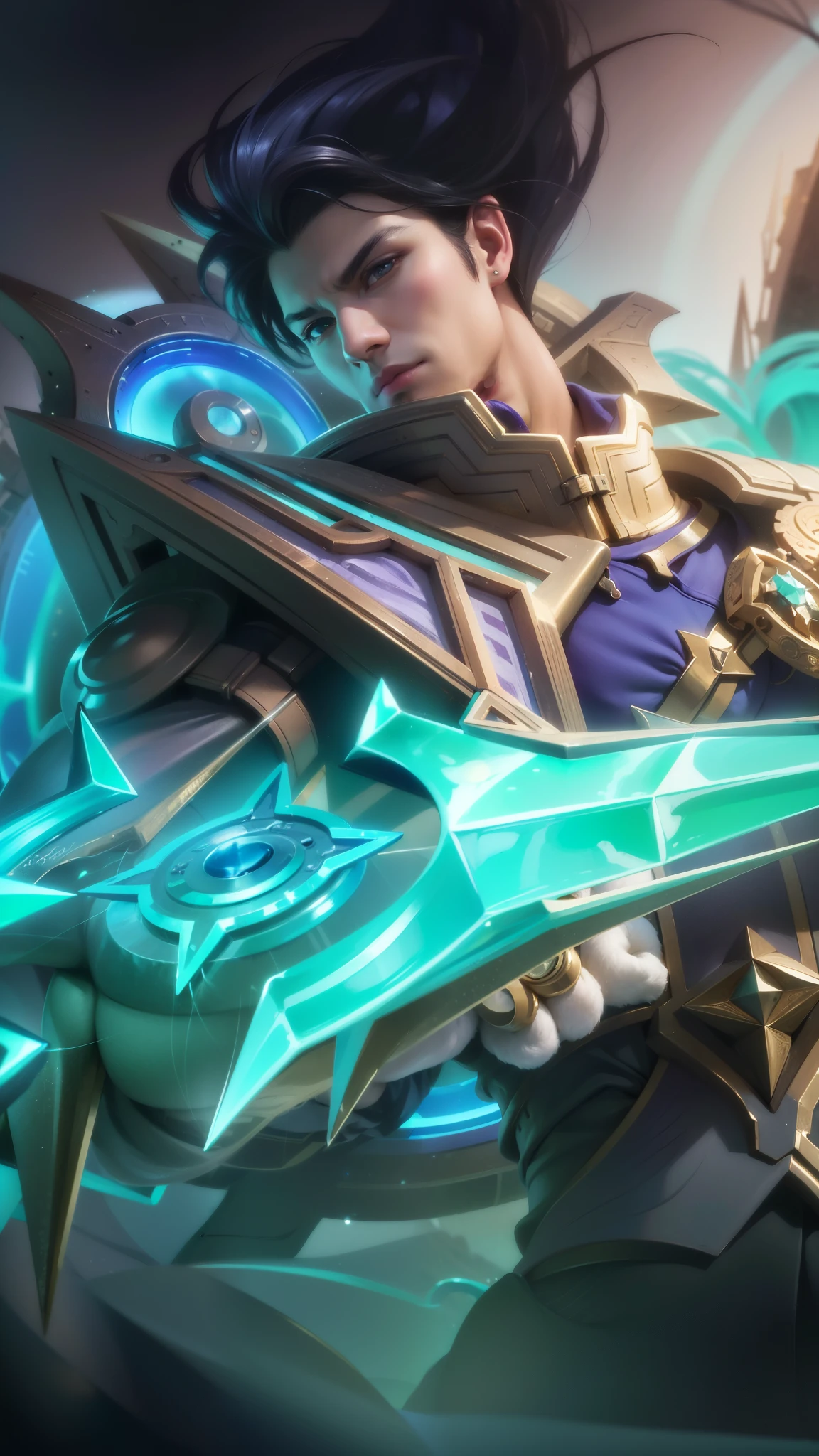 (Intricate Details, Masterpiece, Best Quality, High Resolution, 8k), (1man), (male:1.2), finely detailed eyes and face, toned body, masculine appeal, commanding presence, hot stud, bulging biceps and triceps, well-developed quadriceps and hamstrings, light skin, burgundy straight layered bangs hair, aquamarine eyes,  ornate details,  portrait, solo, half shot, looking down, detailed background, detailed face, (cogpunkai, cogpunk theme:1.1),  tech-mage,   [magic|technology], melding of spellcraft and advanced technology,  intricate [spellcasting clotheechanical gear], gear shaped glyphs,  ancient crystals,  [gears|ancient spell],  floating particles,  [innovative|enchanting] aura, high tech vehicle in background,   , finely detailed background, Depth of Field, VFX, young man and handsome.