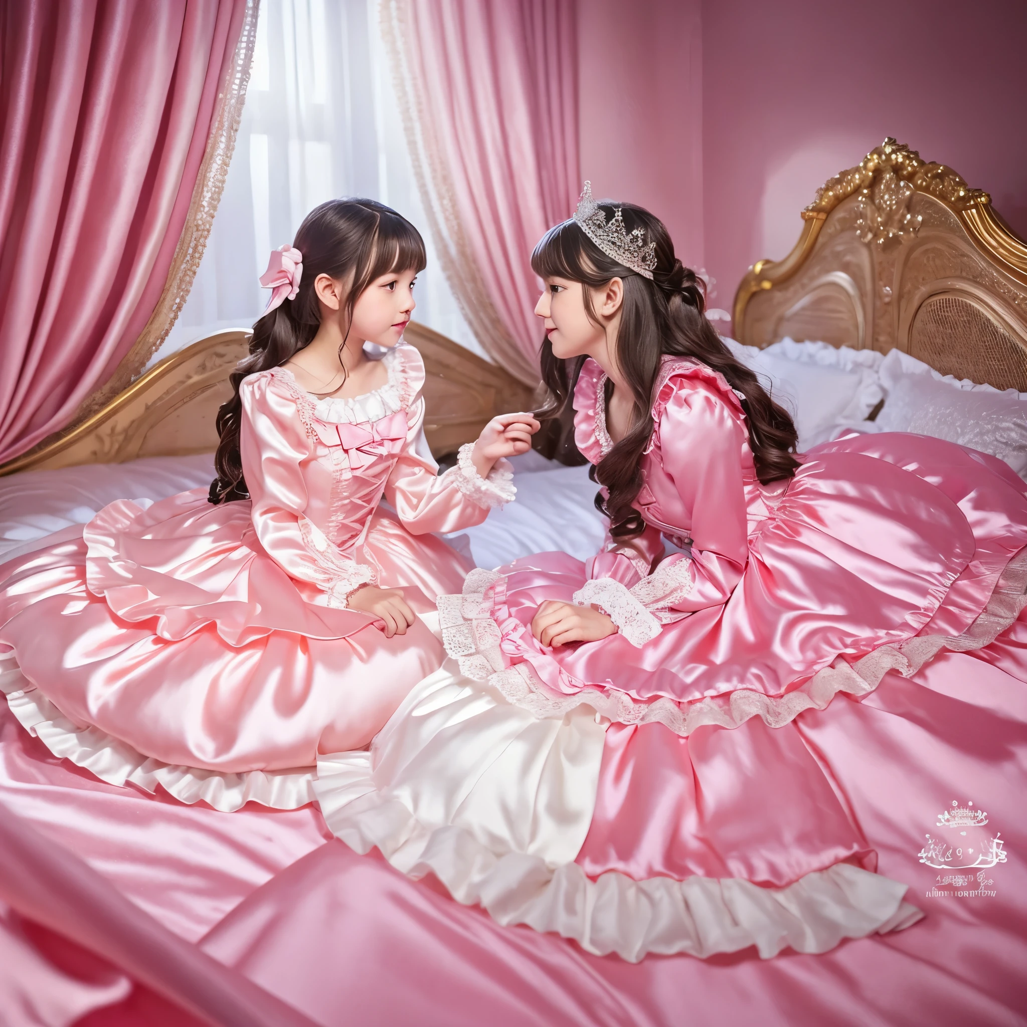 ,highest quality, masterpiece, highest resolution, artwork, super それにget used to it, many get used to it, get used to it, それにget used to it, 3K realistic photos,,((10 year old s)),Super detailed baby face,both are princesses,detailed luxury tiara,Full length ball gown dress with hoop skirt,ruffle yoke collar,Detailed braided ribbon at chest,puff sleeves,long sleeve,((lolita stylt pink princess satin dress、Comes with lots of frills and ribbons。)),crazy'colorful fashion,shiny silk satin dress,soft and smooth silk satin fabric,luxury,Very long blonde hair,blue eyes,white skin european,pajamas,((inside the palace)),Princess dancing happily,gorgeous flowing dress,fine white frills and lace,Super long hair that is as tall as your body,white long socks,drawers with lots of frills,castle bedroom at night,Super long flowing hair,on the bed,豪華な天蓋付きon the bed,巨大な広いon the bed,Pink pillow with lots of frills,Silk satin pink curtains with luxurious ruffles and ribbons surround the bed,princess sitting on bed,Pillows piled up behind the princess,A princess leaning on a pile of pillows,Long hair scattered like a fan on the bed,