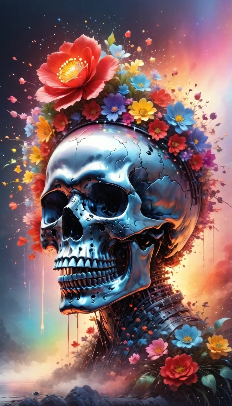 Psychedelic style A Palette Knife oil painted psychedelic skull with rich and detailed flowers growing out of it, designed in the style of a vintage concert poster. The skull is surrounded by vibrant, swirling colors and intricate patterns that give it a mesmerizing and otherworldly appearance. The flowers are hyper-detailed, bursting with life and color, intertwining with the skull in a beautiful display of life and death. The background is filled with a kaleidoscope of colors, evoking the feel of a 1960s psychedelic rock concert.  <lora:DonMP4ste11F41ryT4l3XL:0.2> <lora:PaletteKnife:1> <lora:The_Dark_Side_Of_The_Future:1> . Muted colors, swiriling patterns, abstract forms, surreal, trippy