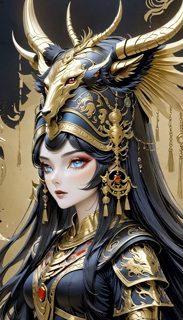 Anubis, ancient Egyptian god, ((Egyptian god of death)) jackal god, embalming god, goddess of judgment death, mature woman, wearing a ribbon, golden jackal mask, short black hair, canine ears, fur, blood-red eyes, extreme coldness, bloodless skin, black cape, pharaonic scepter, perfect breasts, background in the underworld, (exquisite black Egyptian ornaments), Egyptian style, perfect flesh full of texture, captivating visual enjoyment, full body, (best quality), (masterpiece), ((masterpiece), Maximum definition, illustrations, (super detailed face), (perfect face), clear texture, ultra HD detail display, excellent image performance, high quality illustration, perfect fit harmonious tones, deep lines, precise brush strokes, intricate details