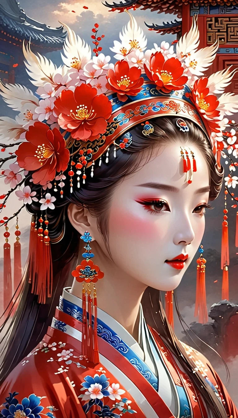 (masterpiece, best quality:1.2),,Nuwa holds the sacred stone,Fix the big hole in the sky。Her body is painted red,Symbolizes her courage and strength。Her hair and clothes are white,Symbolizing her purity and holiness。around her,is a dark sky,Symbolizes disaster and danger。Nuwa’s sacred stone shines brightly,Illuminates the whole picture,Symbolizes hope and redemption。 Close-up of woman wearing floral headdress, palace , girl wearing hanfu, beautiful fantasy queen, ancient chinese princess, ((beautiful fantasy queen)), chinese princess, queen of china, beautiful figure painting, Gurwitz style artwork, A beautiful artistic illustration, guweiz, Beautiful digital art work, Beautiful digital illustration