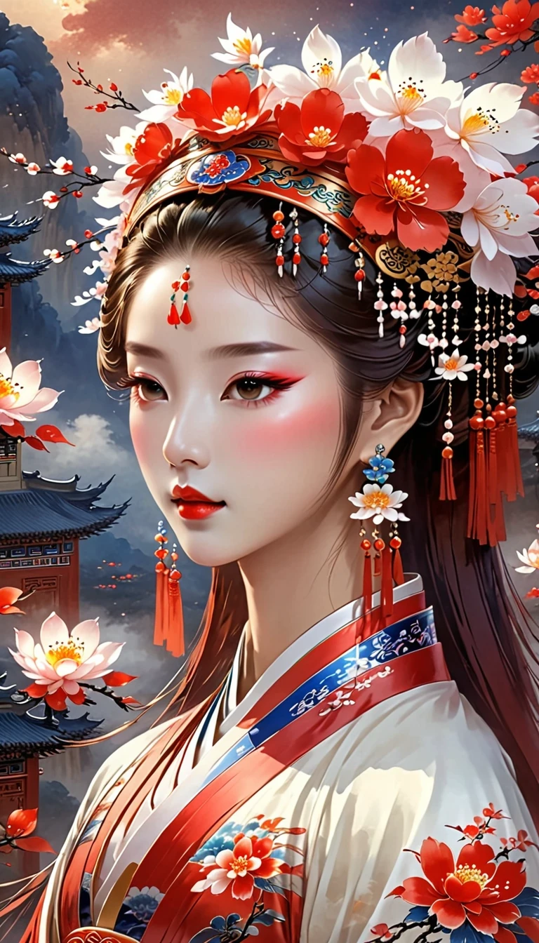 (masterpiece, best quality:1.2),,Nuwa holds the sacred stone,Fix the big hole in the sky。Her body is painted red,Symbolizes her courage and strength。Her hair and clothes are white,Symbolizing her purity and holiness。around her,is a dark sky,Symbolizes disaster and danger。Nuwa’s sacred stone shines brightly,Illuminates the whole picture,Symbolizes hope and redemption。 Close-up of woman wearing floral headdress, palace , girl wearing hanfu, beautiful fantasy queen, ancient chinese princess, ((beautiful fantasy queen)), chinese princess, queen of china, beautiful figure painting, Gurwitz style artwork, A beautiful artistic illustration, guweiz, Beautiful digital art work, Beautiful digital illustration